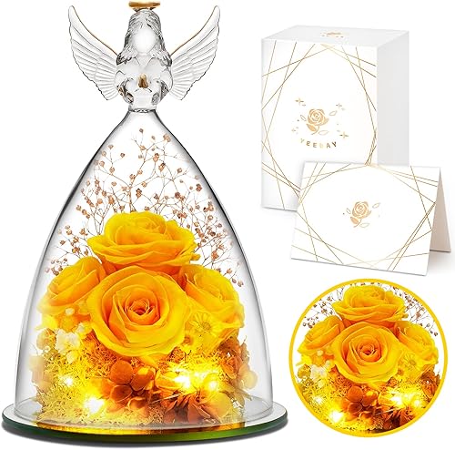 YEEBAY Regalos de flores preservadas para mujeres, mamá, esposa, abuela, figura de ángel con rosa y luz, ideal para Navidad, aniversario, boda, día