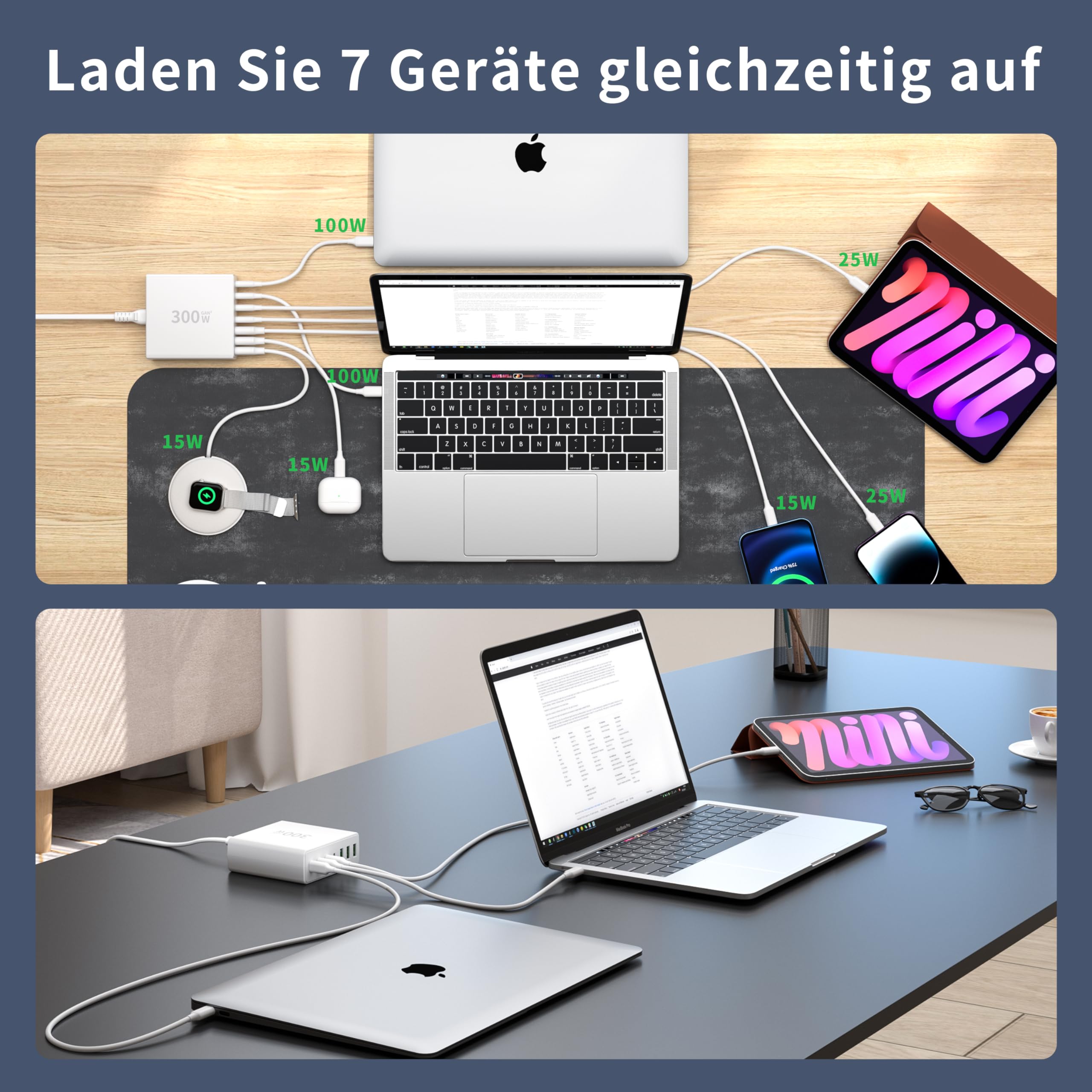 FINIBO Cargador USB C de 300 W múltiple: 7 puertos cargador rápido con 4 USB-C y 3 USB-A, cargador USB Multipuerto Dual PD PPS fuente de alimentación para MacBook Pro/Air, iPad Pro/Air, Sumsung