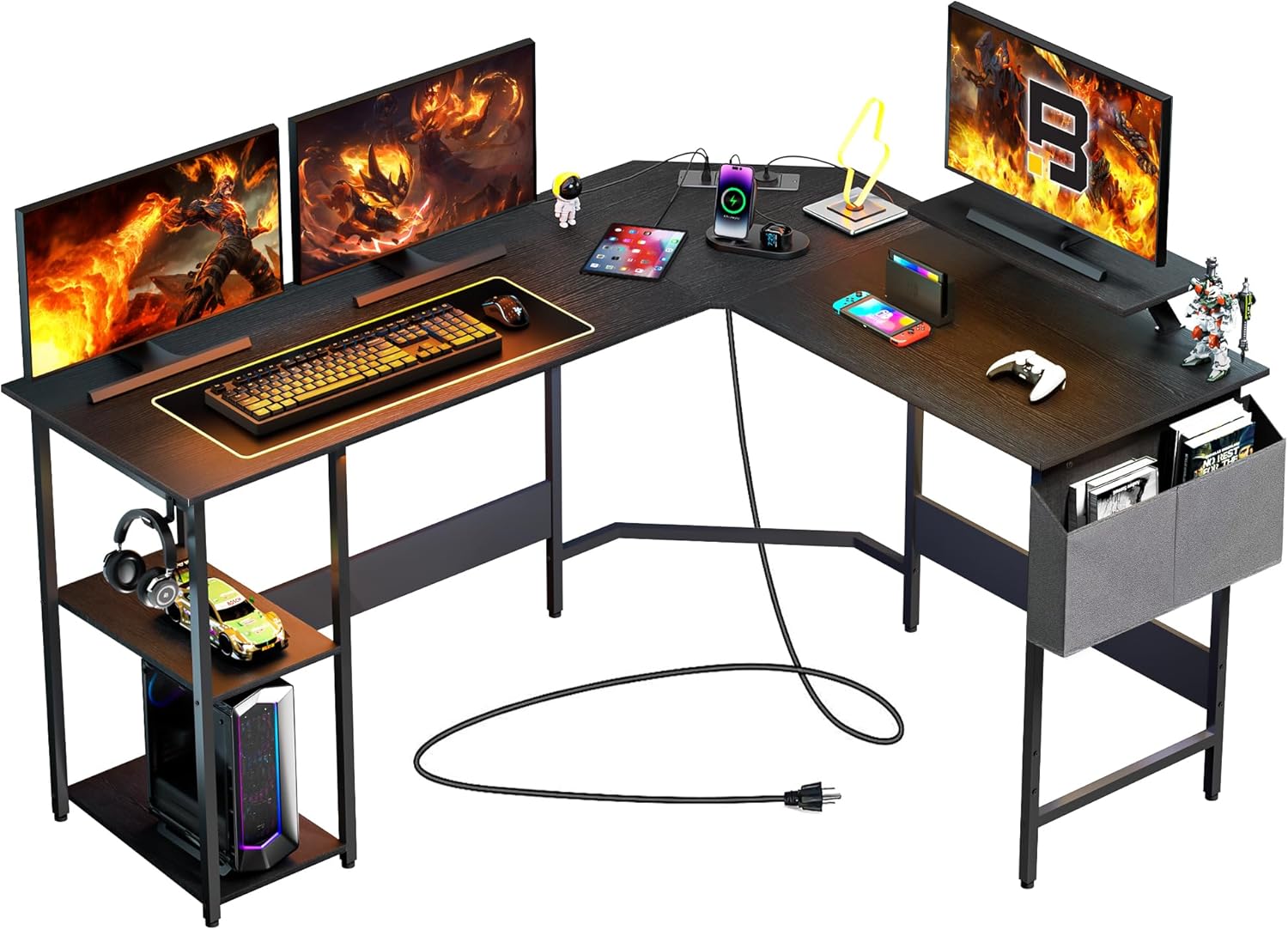 BEXEVUE Corner Computer Desk with Power Strip – 150×120 cm Ergonomic L-Shaped Gaming Desk, PC Gamer Table Reversible Angle, 2 Shelves Movable Monitor Stand, Side Pocket Headphone Hook, Play Work Home BEXEVUE Corner Computer Desk with Power Strip – 150×120 cm Ergonomic L-Shaped Gaming Desk, PC Gamer Table Reversible Angle, 2 Shelves Movable Monitor Stand, Side Pocket Headphone Hook, Play Work Home