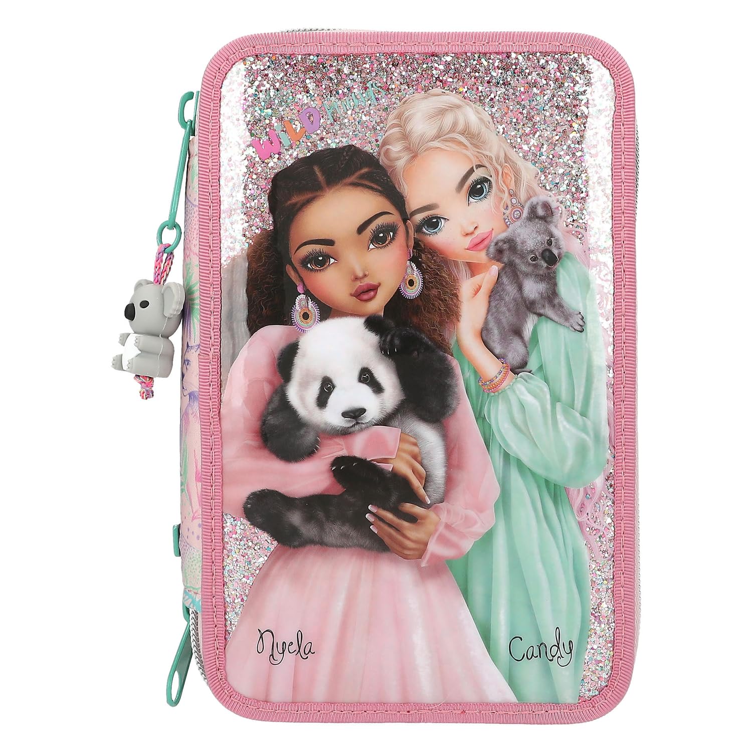 Depesche 12785 TOPModel Wild - Estuche de 3 compartimentos en color rosa, con motivo de modelo y colorido estampado de animales, estuche con lápices de colores, regla, tijeras y mucho más.