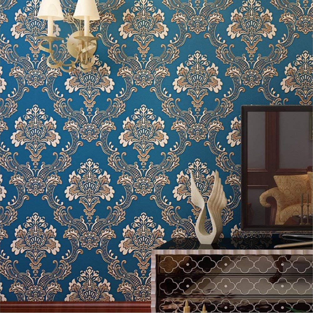 QIHANG Embossed 3D Stereoscopic Damask Flower Non-Woven Bedroom TV Backdrop Living Room Wallpaper 0.53m (1.73' W) x 10m (32.8'L) =5.3㎡ (57 sq.ft) (Blue)