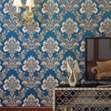 QIHANG Embossed 3D Stereoscopic Damask Flower Non-Woven Bedroom TV Backdrop Living Room Wallpaper 0.53m (1.73' W) x 10m (32.8'L) =5.3㎡ (57 sq.ft) (Blue)