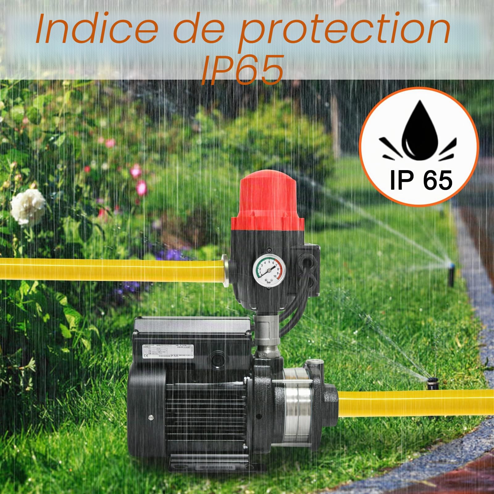 Ikodm Commande de pompe avec indicateur de bar et câble, Pressostat de 10 bar Marche/Arrêt Automatique Pression d'eau Constante pour Jardin Maison, Contrôle la pression de l'eau, Rouge
