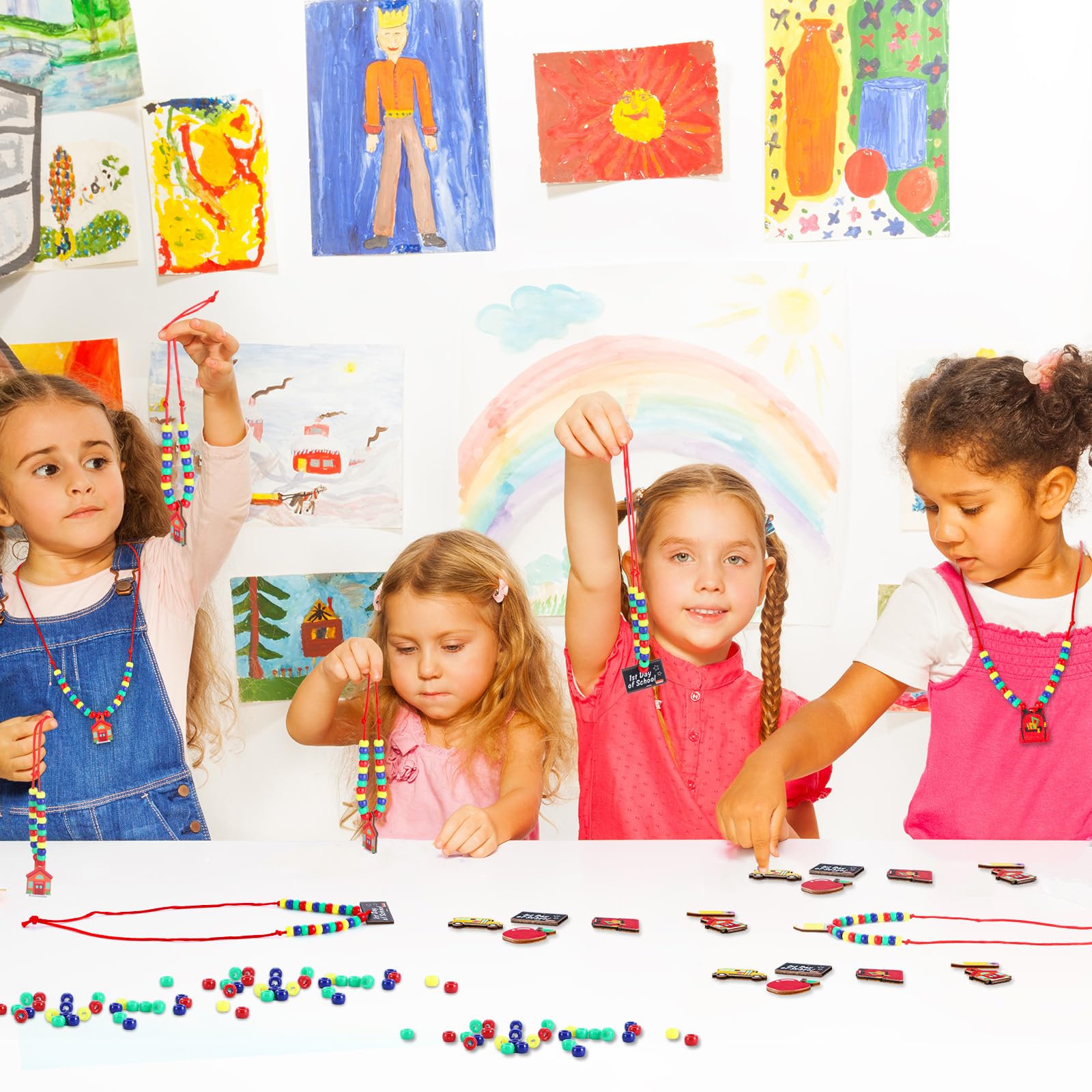 Equsion 24 Sets Back to School Bead Necklace Crafts Kit Welcome First Day of School Craft Gifts for Kids Apple Bus Shape Beads DIY Necklace Supplies Party Favor - Image 5