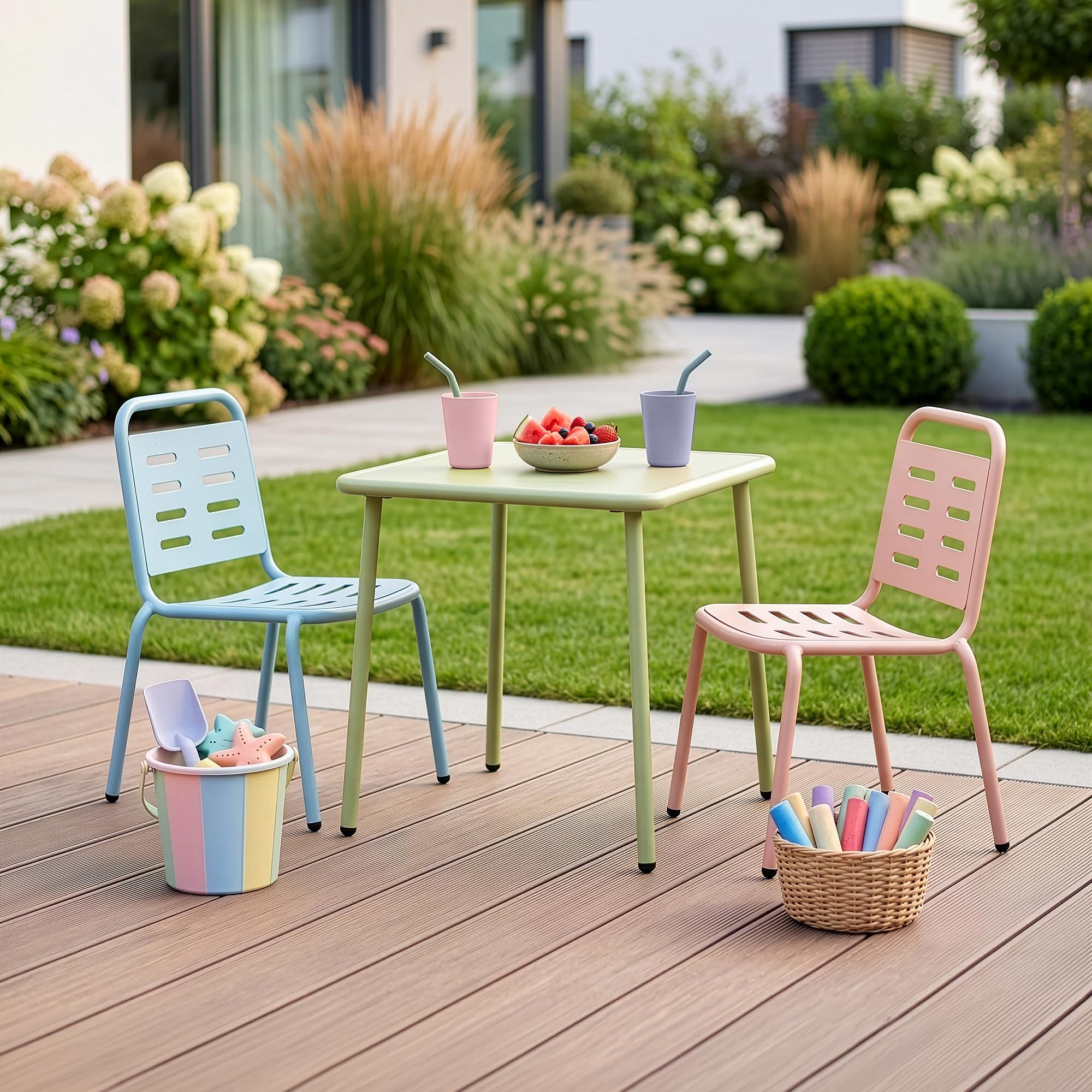 casa.pro Kindersitzgruppe Etroubles Kindertisch mit 2 Stühlen Kindertisch Kinderstuhl Sitzgruppe Outdoor Indoor Gartenmöbel Kinder Kindermöbel Kindersitzgarnitur Stahl Mehrfarbig