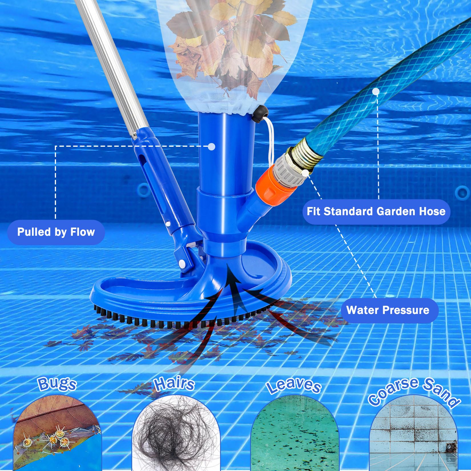 Aspirateur de piscine XL avec brosse incurvée prolongée, 4 barres en aluminium étendues et renforcées, kit de nettoyage de piscine
