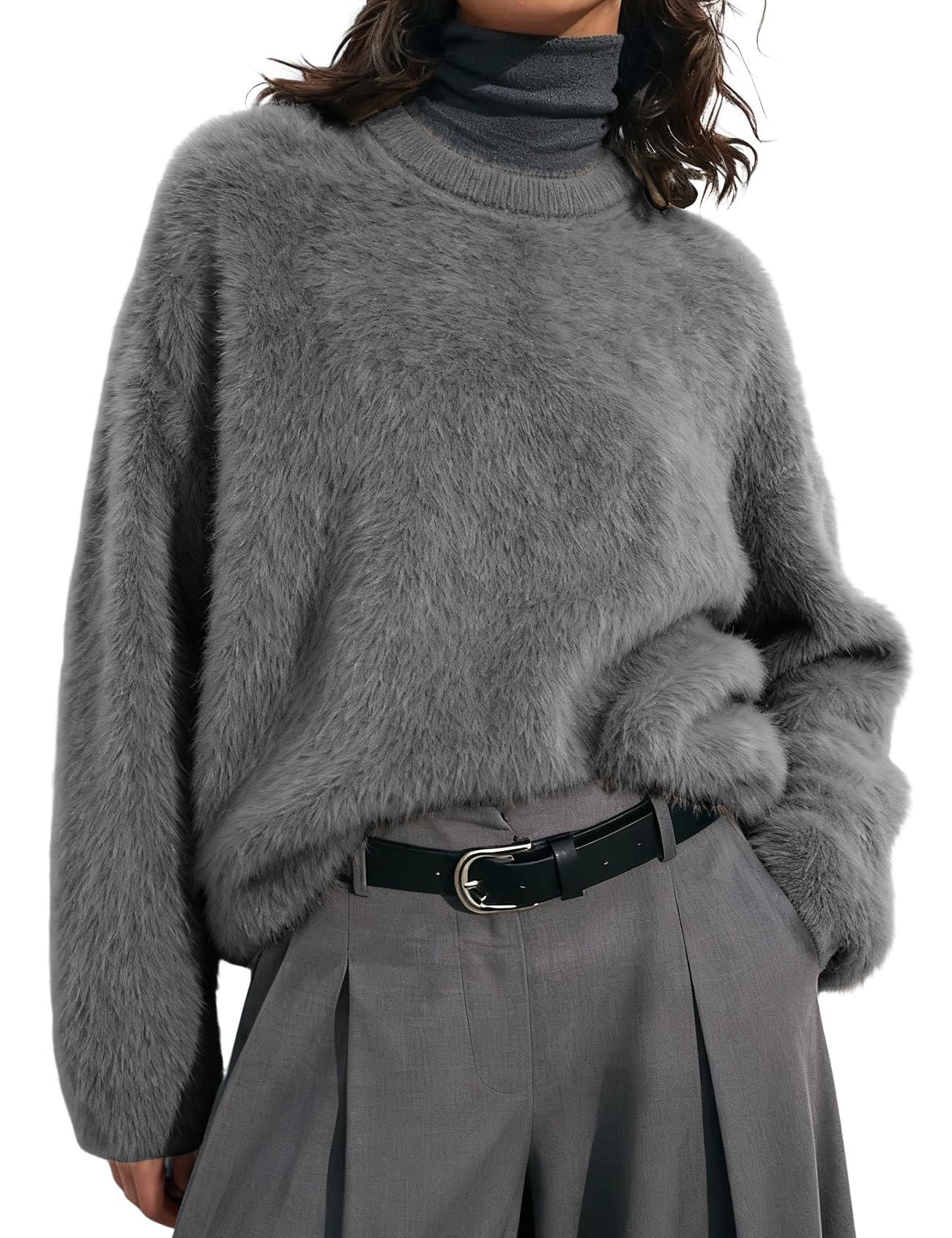 Wyeysyt Womens Fuzzy Sweaters Crewneck Fur Sweater Long Sleeve Furry Sweaters 2026 Knit Sweater Jumper Top