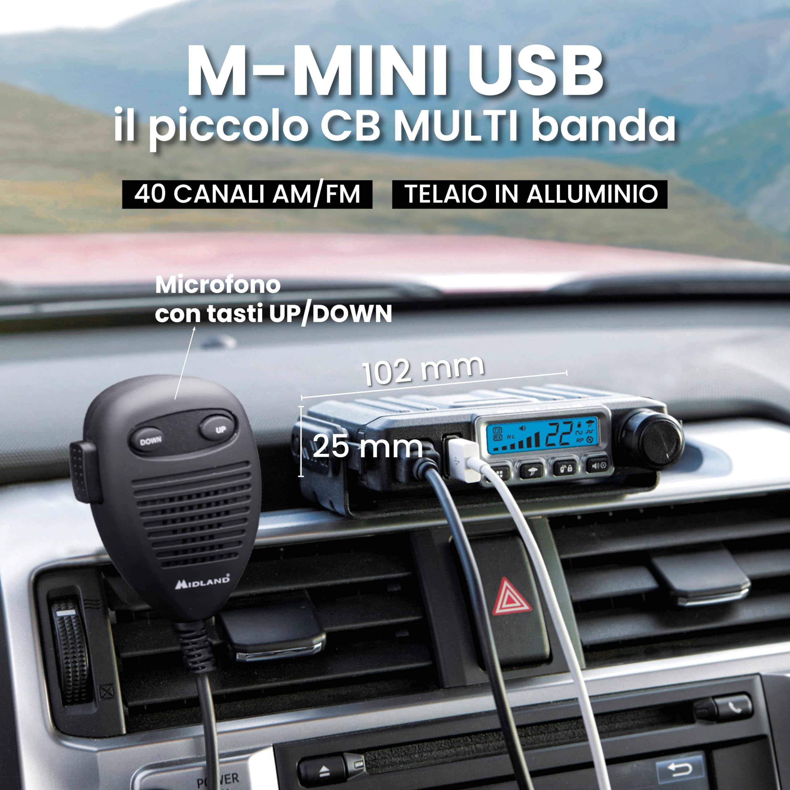 Midland M-MINI USB C1262.04, CB Radio Multistandard Mini CB Radio z Gniazdem USB - 40 AM/FM Kanałów, Multiband, Podwójny Squelch Mode, Wyjmowany Mikrofon - Łatwa Instalacja