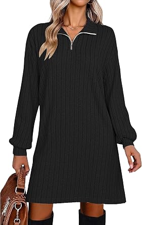Halife Womens Casual Long Sleeve Fall Dresses V Neck Ribbed Knit Lightweight Sweater Dress with Zippers