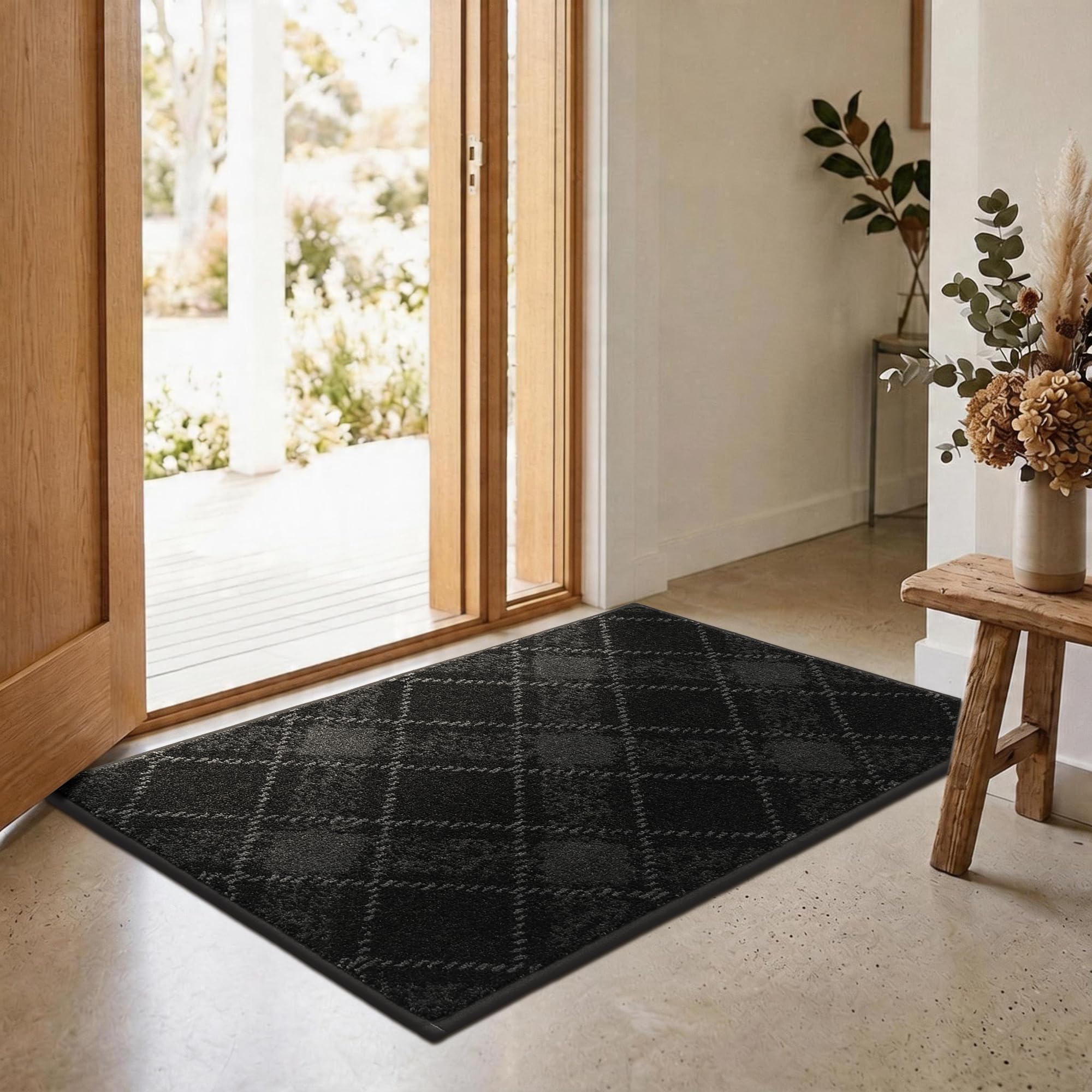 COSY HOMEER Front Door Mat Indoor 60x90 cm, Rolling-up Package No Creases, Non-Slip Dirt Trapper Entryway Rugs, Washable Low Profile Welcome Floor Mats, Black
