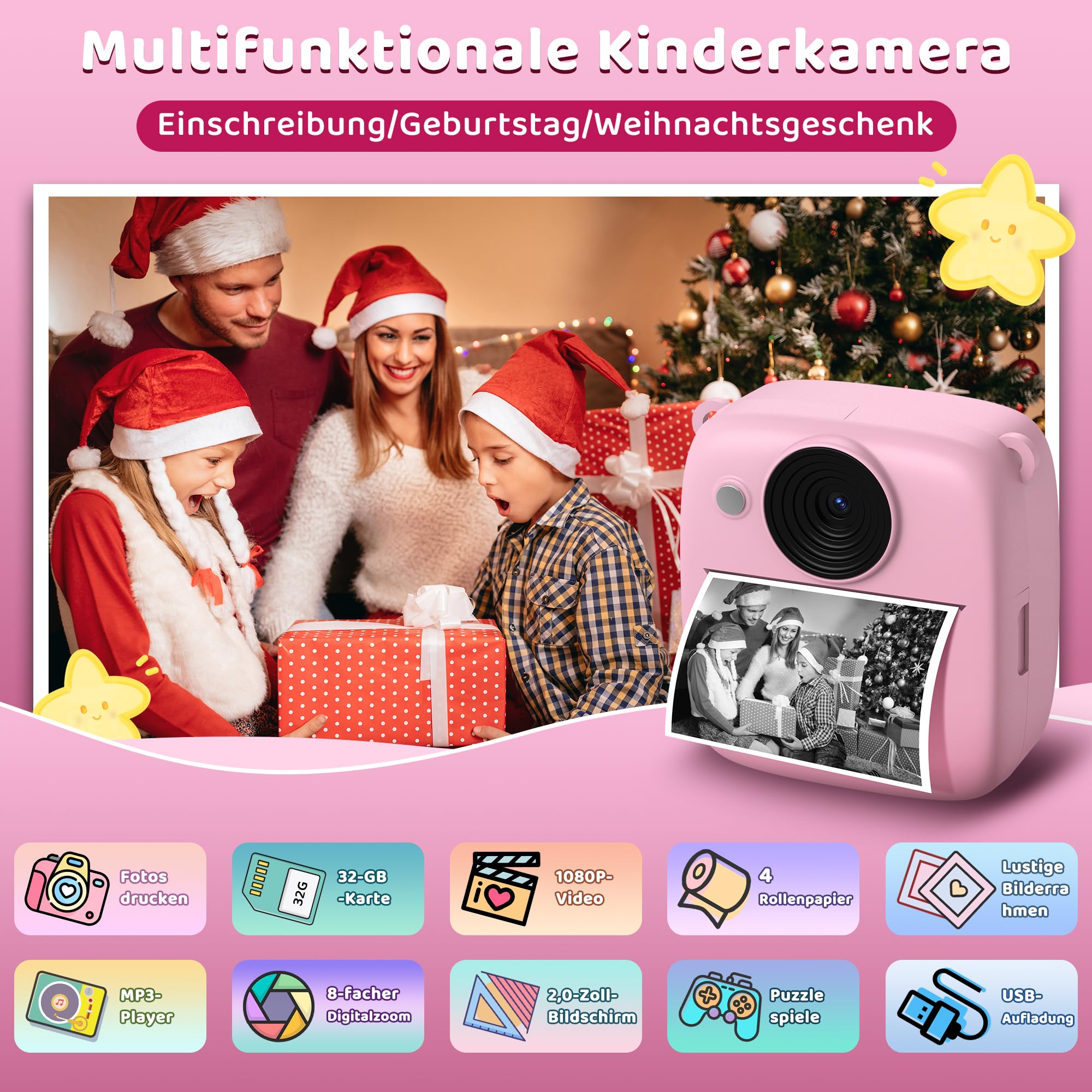 kamera Sofortbildkamera, Kamera mit 32GB Karte & 4 Bände Druckpapier, 48MP Sofortbildkamera mit 1080P Digitalkamera für , Geschenke für Mädchen und Jungen von 3 bis 12 Jahre