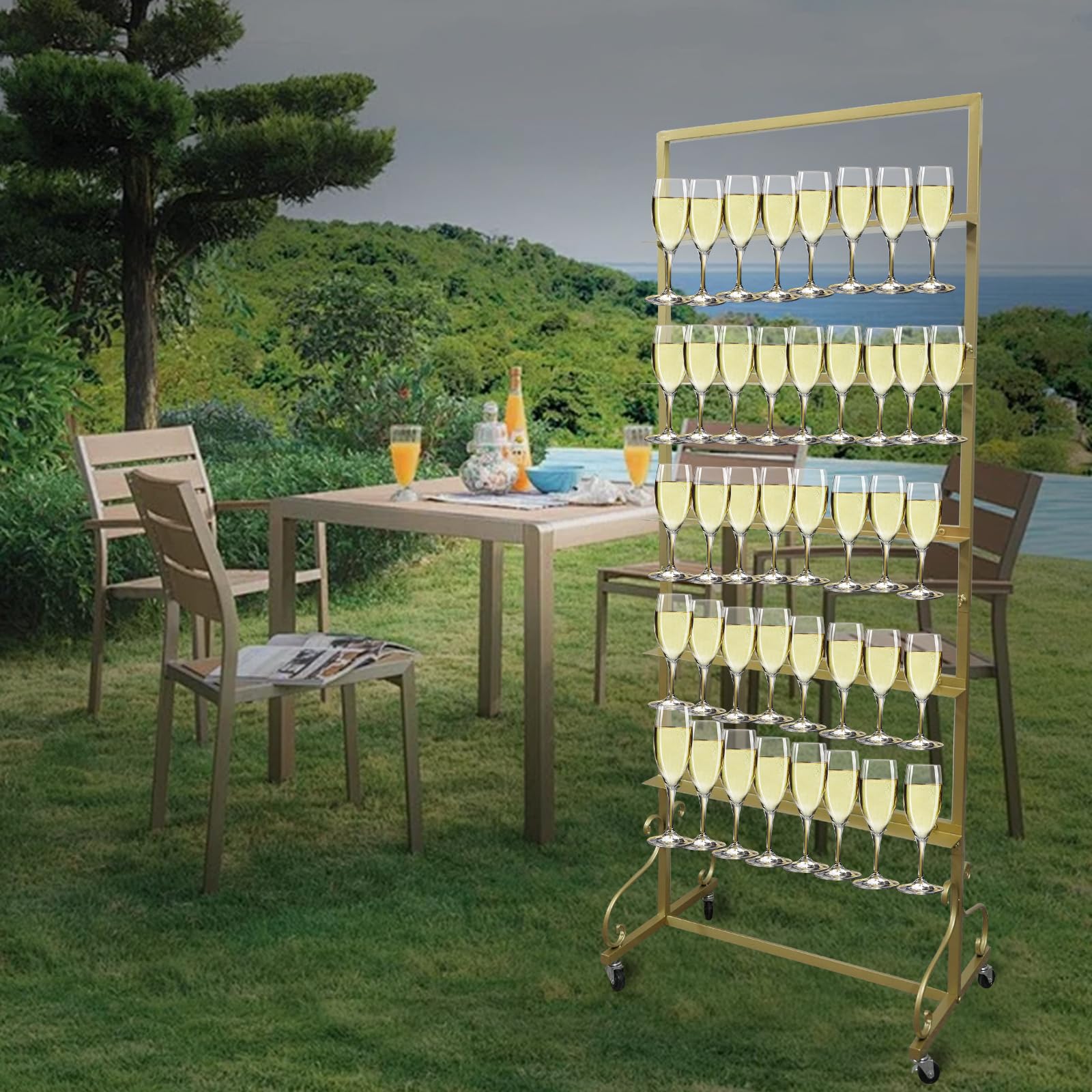 Champagne Glass Holder Champagne Wall Holder for Party, 5-Tier White Metal Flutes Display Stand Hold 40 Glasses with Swivel Casters for Wedding, Glasses Not Inc (White) (Gold)