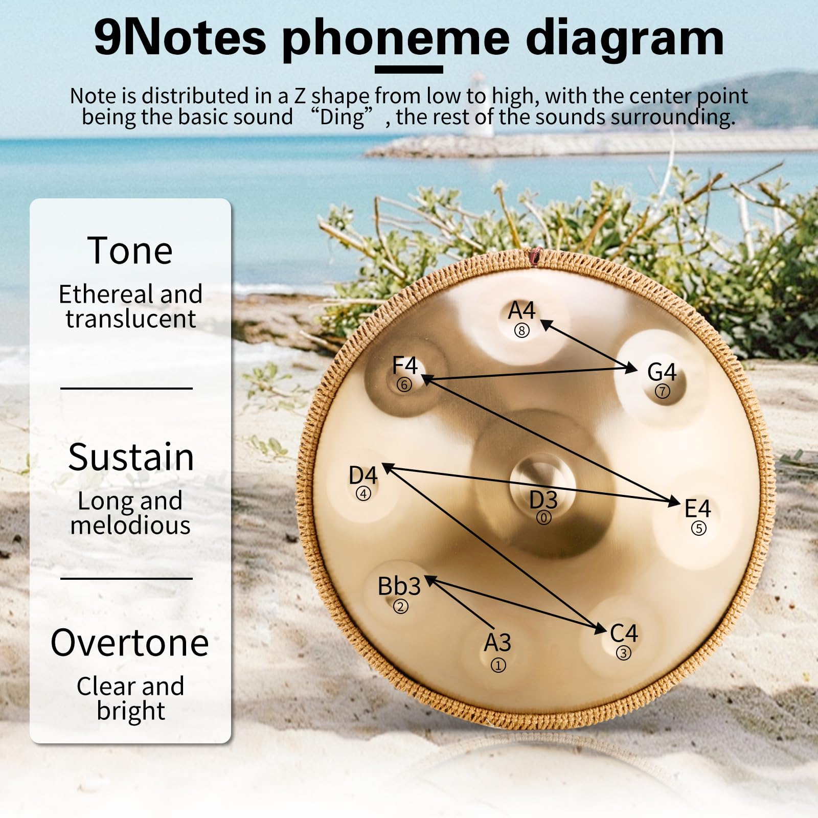 Handpan Instrument 432 Hz, 9 toni, 22 pollici, Handpan in d-Moll, tamburo per lingua con custodia, bacchetta, supporto, per principianti, professionisti, musicoterapia (oro, 9 toni 432 Hz)