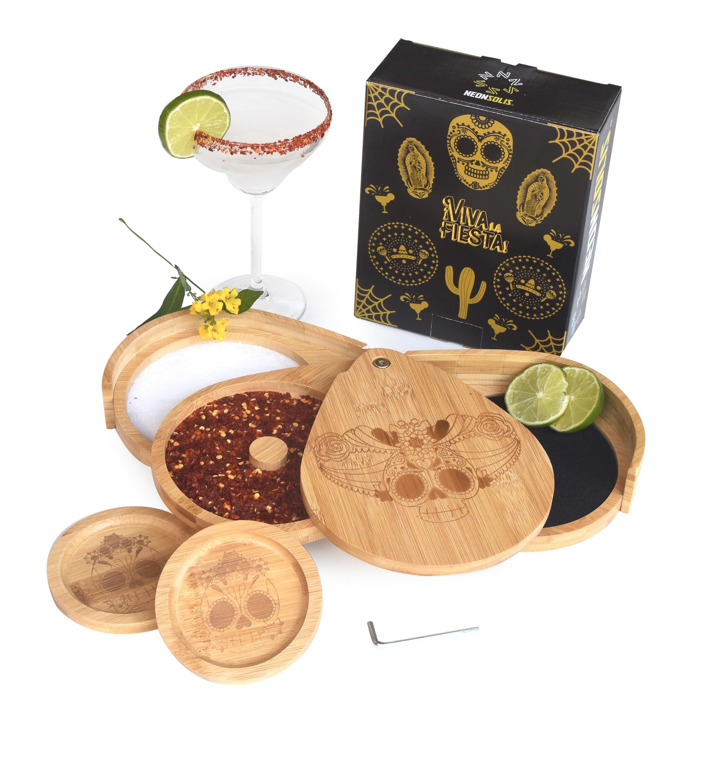 NEONSOLIS Margarita Salt Rimmer Set – 3-Tier Salt Rimmer for Cocktails – Cool Mexican Skull Engraving – Bamboo Wood Bar Salt and Sugar Rimmer – Cocktail Rimmers for Drinks, Party, Home Bar