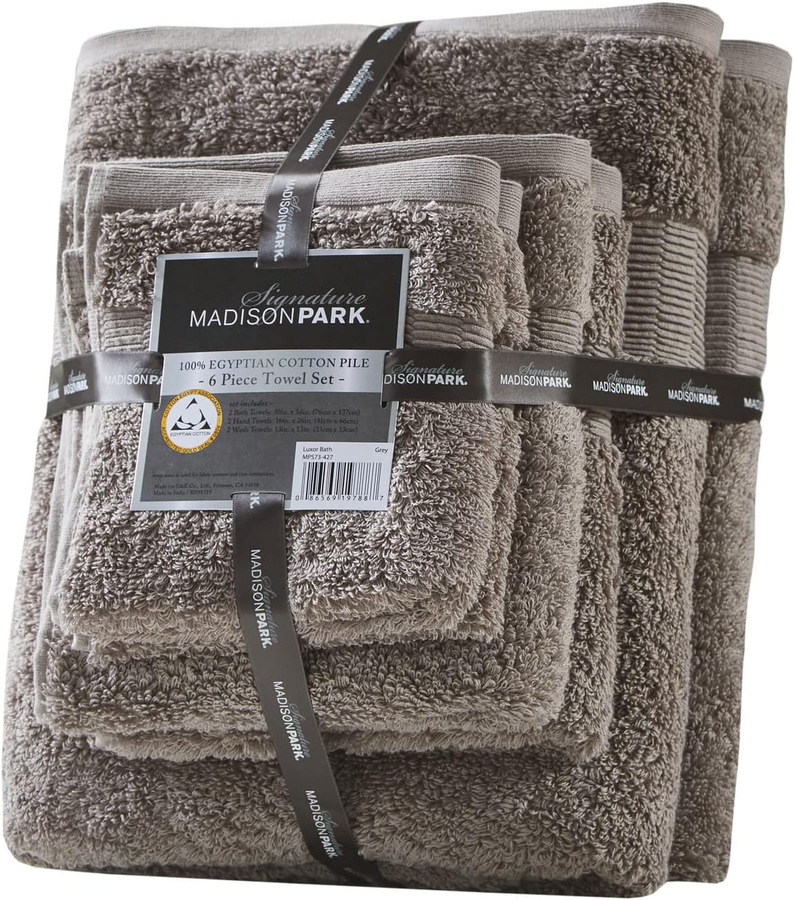Madison Park Signature Luce 100% Egyptian Cotton Luxurious Bath Towel Set, Silky Soft, Highly Absorbent, Premium Spa Quality, Multi-Sizes, Dark Taupe 6 Piece
