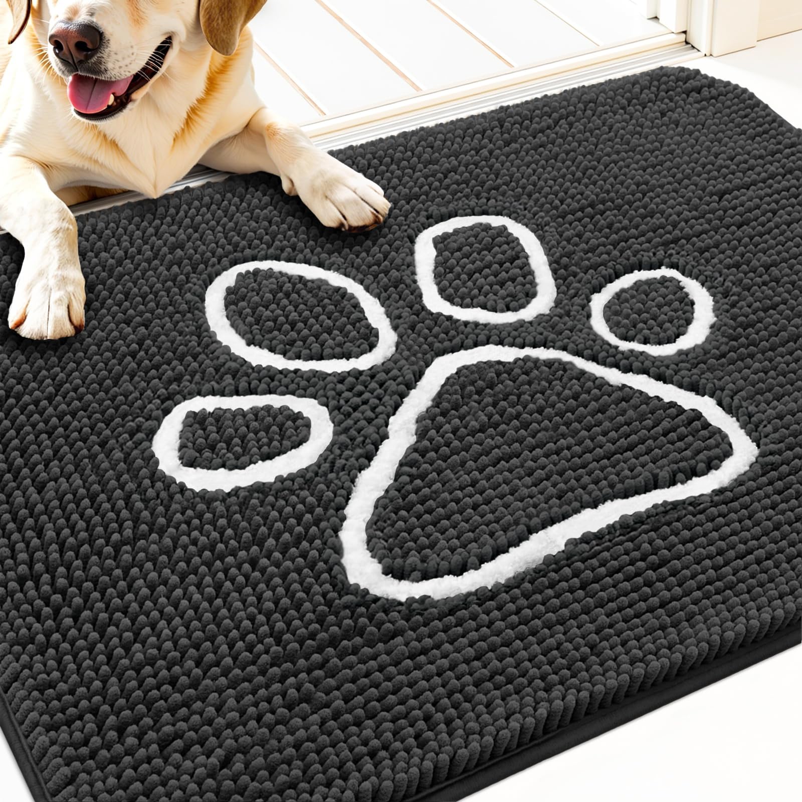 OLANLY Dog Door Mat for Muddy Paws 32x20, Paw Print Design Chenille Mud Mat