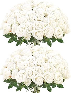 Sggvecsy 50 Pcs Artificial Roses Fake Flowers Velvet Silk Roses with Stems Bulk Realistic Faux Flowers for Bridal Bouquets Wedding Centerpieces Valentines Day DIY Home Party Decor Ivory