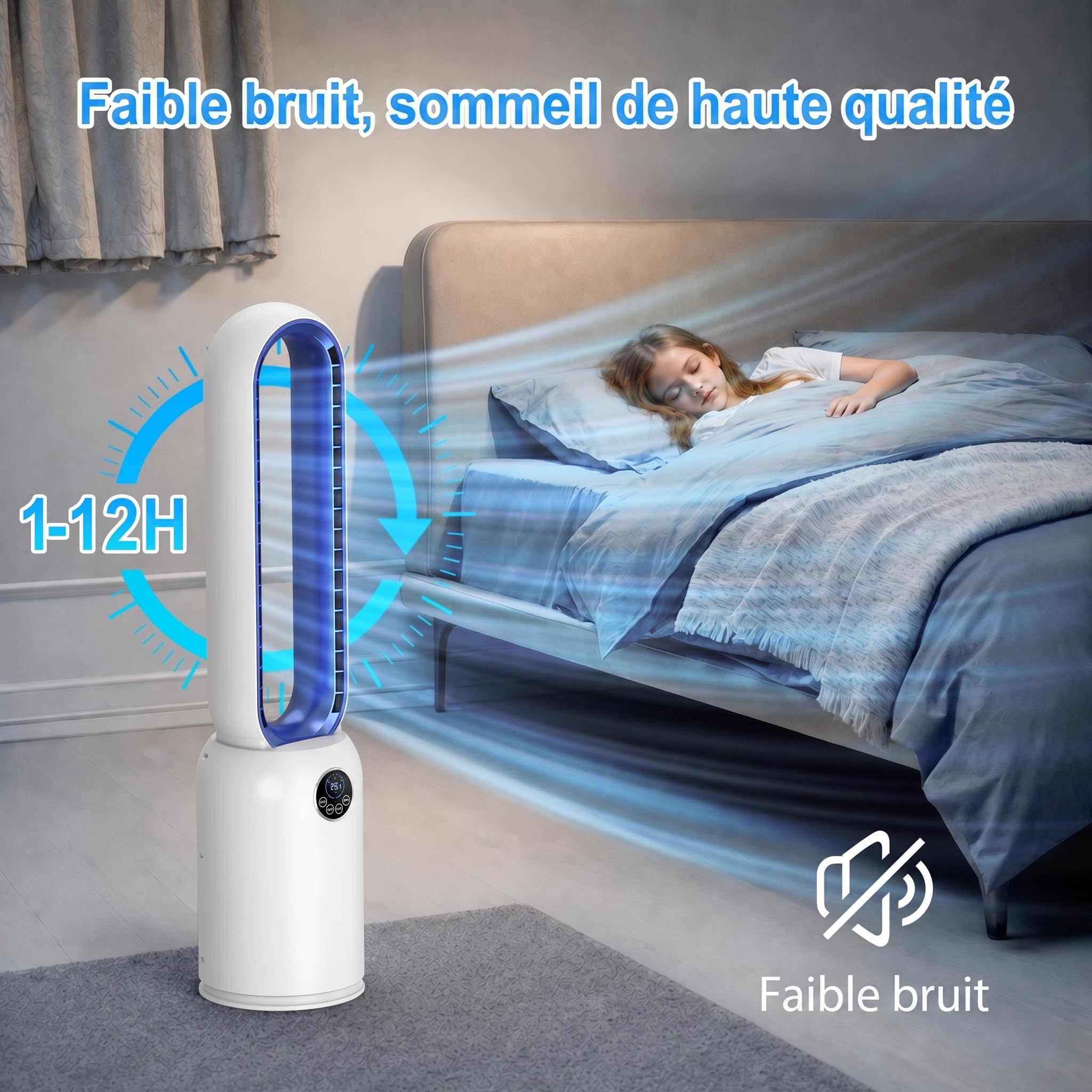 Ventilateur Sans Pale Silencieux, 24 Vitesses Ventilateur Colonne avec Purification par Ions Négatifs, Ventilateur sur Pied Oscillation à 90°, Écran LCD, Minuterie 12H, Pour Chambre à Coucher