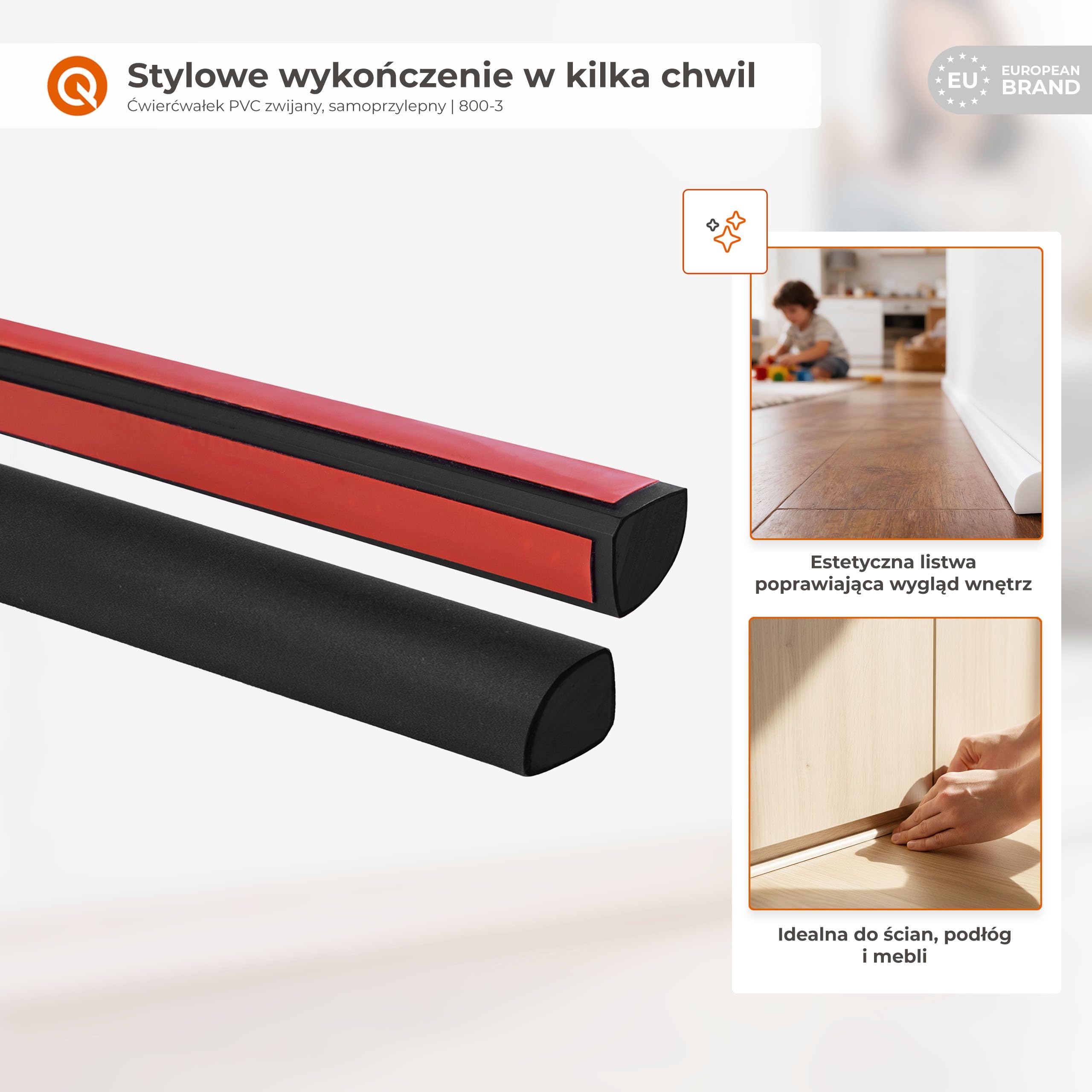 Quest ćwierćpręt PVC zwijany 10x10 mm samoprzylepny – czarny, 3 m | Miękka listwa dekoracyjna w rolce, maskuje styki ścian, blatów i mebli, odporna na UV, łatwa do przycięcia nożem