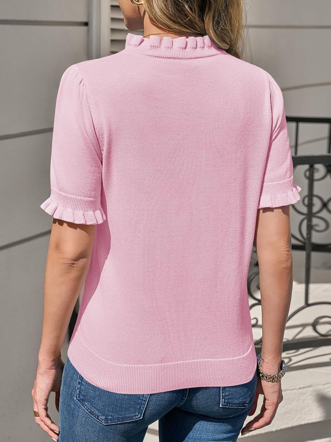 Cicy Bell Womens Puff Short Sleeve Sweater Tops Ruffle Henley Neck Spring Summer Pullover Dressy Casual Knit Shirts - Image 6