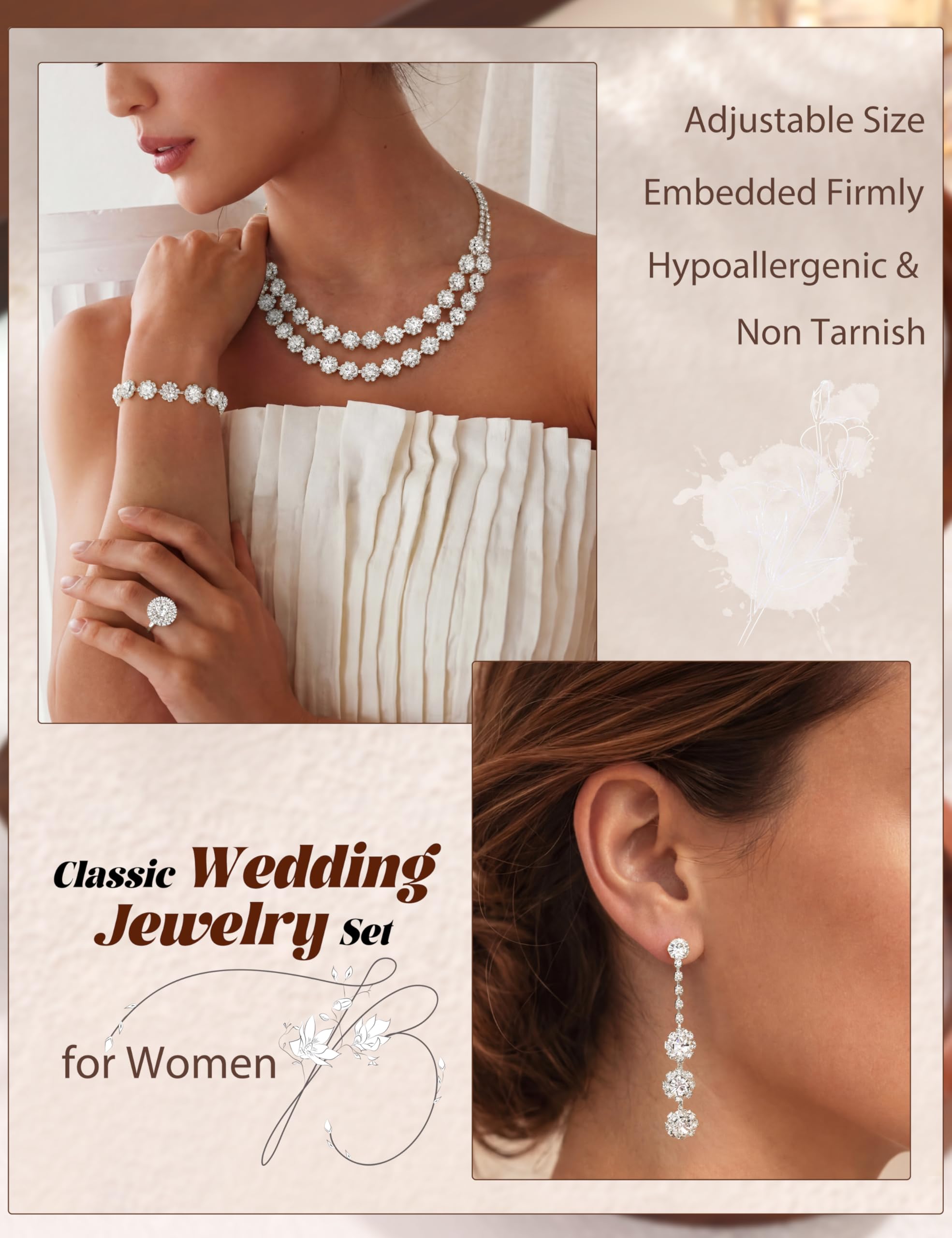 Diamday Brautschmuck Schmuck Set Damen Schmuckset Quasten Ohrringe Strass Mehrreihige Halsketten Link Armbänder Verstellbare Ringe Hochzeitsschmuck Sets für Bräute Prom Kostüm Zubehör