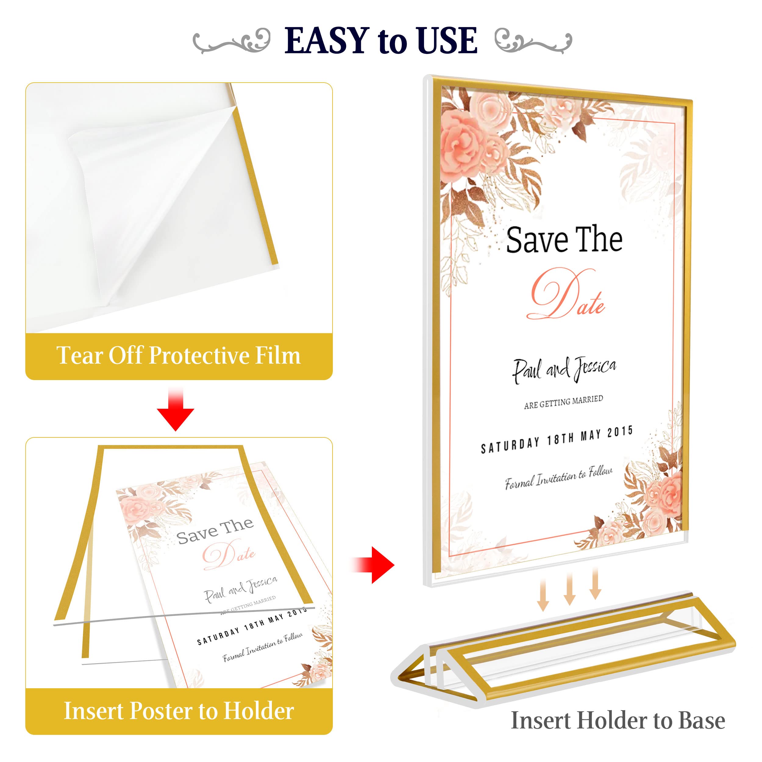 Sezanrpt A5 Acrylic Shield Holder Gold Edge 4 Pack, Vertical Clear Sign Display Holder for Restaurant Menu Display, Wedding Table Numbers, Advertising Hanger, Photo Display