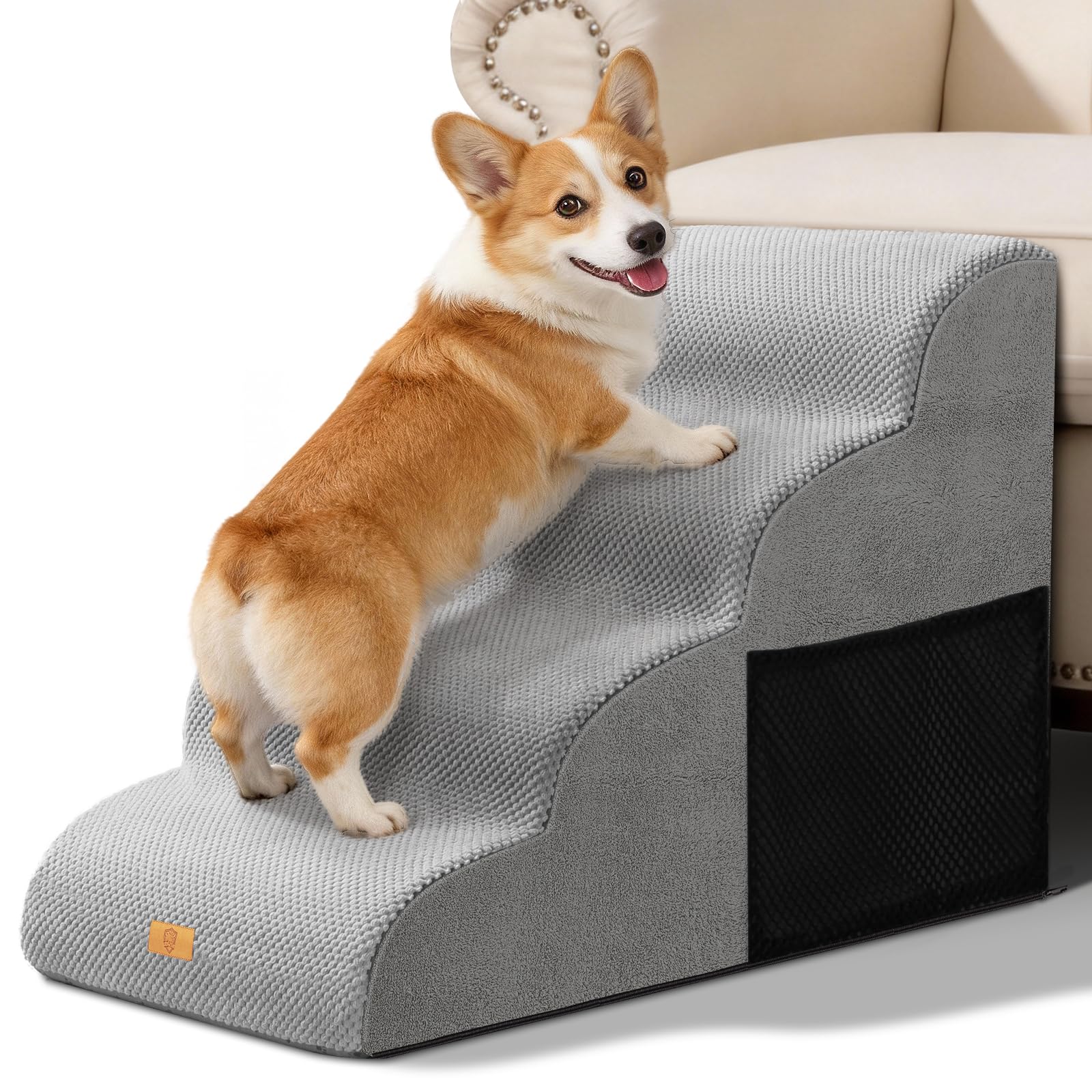 Dog Steps, 4 Step Foam Small Dog Stairs, Dog Ramp with Washable Cover, Pet Ladder for Bed and Sofa, 73 x 40 x 51 cm, Grey