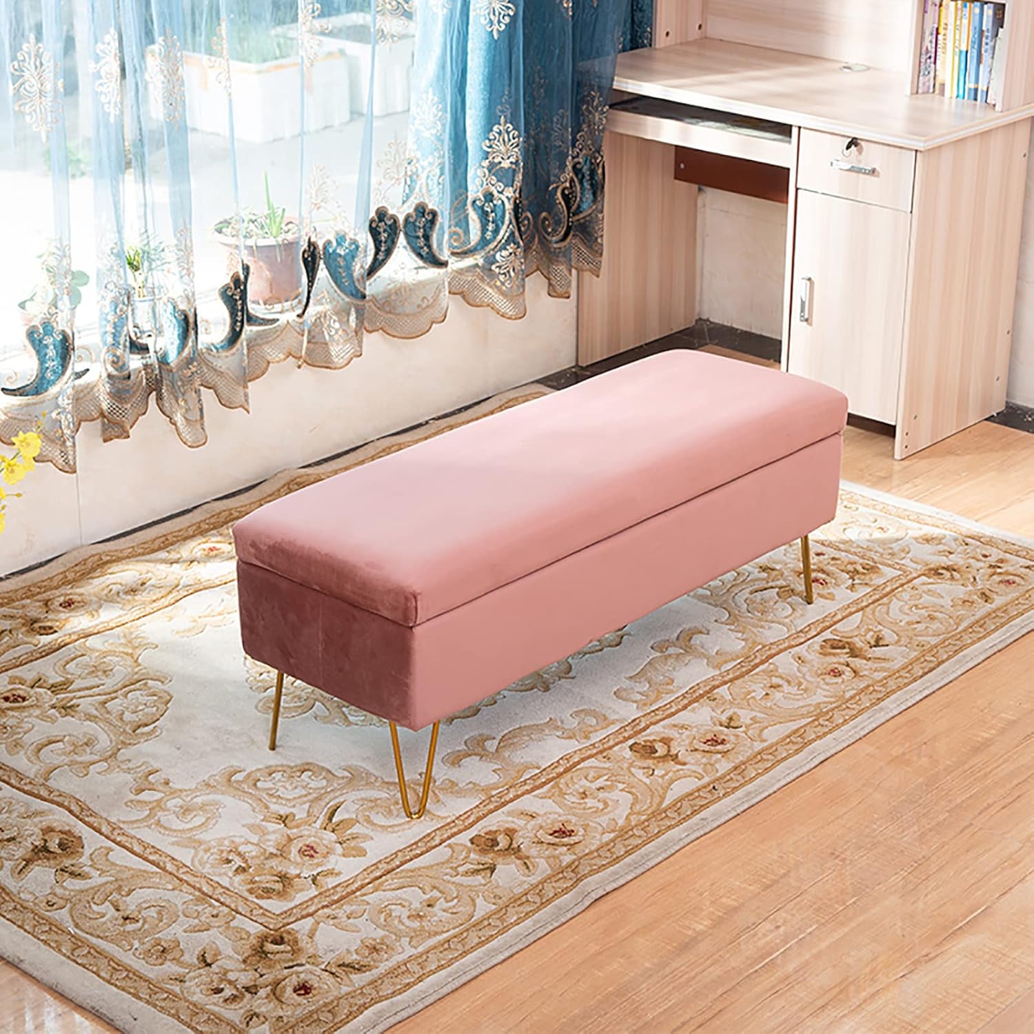 Modern Velvet Upholstered Storage Bench Rectangular Quilted Pouf Elegant Bedroom End Bench for Entryway or Living Room Light Blue 80x40x43 cm (31x16x17 Inches)