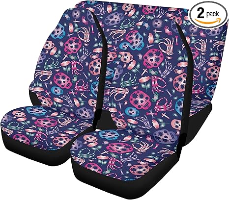 Vibrant Sugar Skull Car Seat Covers and Floor Mats – Dia de Los Muertos Mexican Calaveras Auto Interior Set for Festive Seat and Carpet Protection (2pcs Front seat Covers)