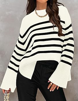 ZESICA Women's 2025 Fall Winter Striped Long Sleeve Crew Neck