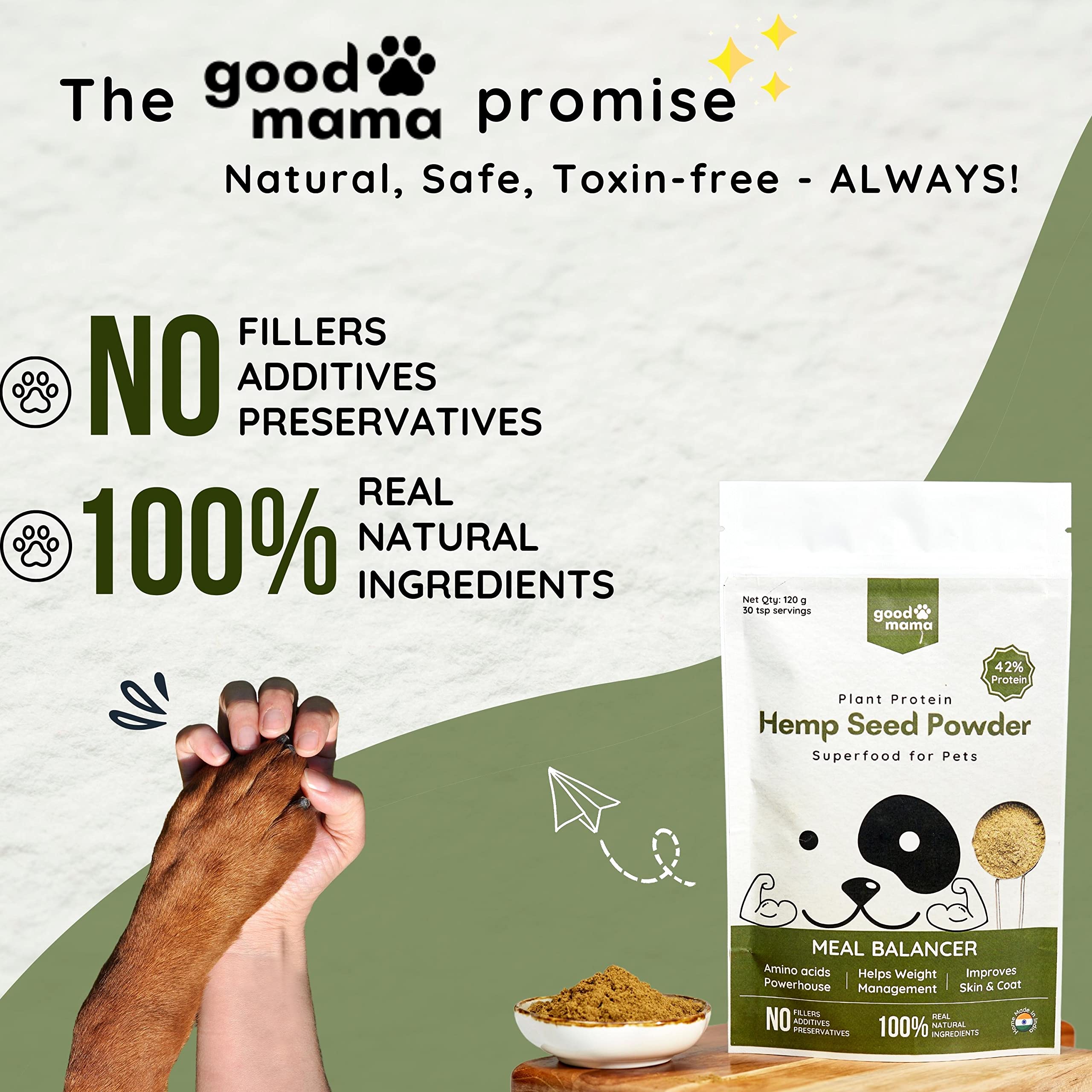 Good Mama Hemp Seed Powder for Pets,Daily SuperFood for Meals,Rich in Plant Protein & Amino Acids,Daily Omega 3-6-9 Meal Topper,Improves Immunity|Skin & Coat|Joint & Muscle Regeneration120 g Pouch 4