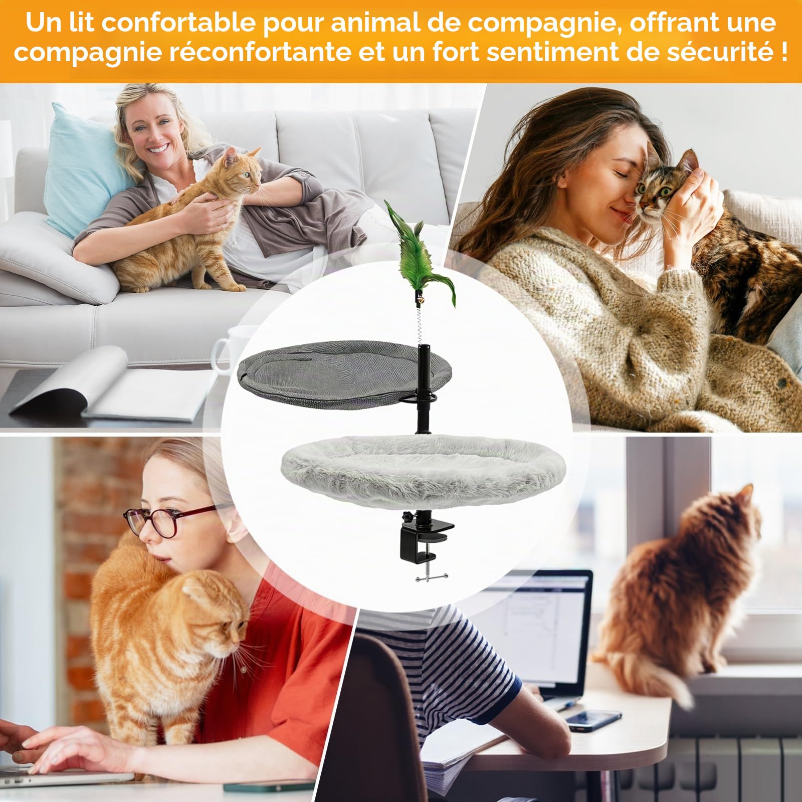 Double Couche Lits pour Chats de Bureau, avec Barre à Ressort, Réglage en Hauteur, Rotation à 360°, Charge Maximale de 20 kg, Hamac pour Chats, Idéal pour Le Bureau, la Maison et Les Espaces