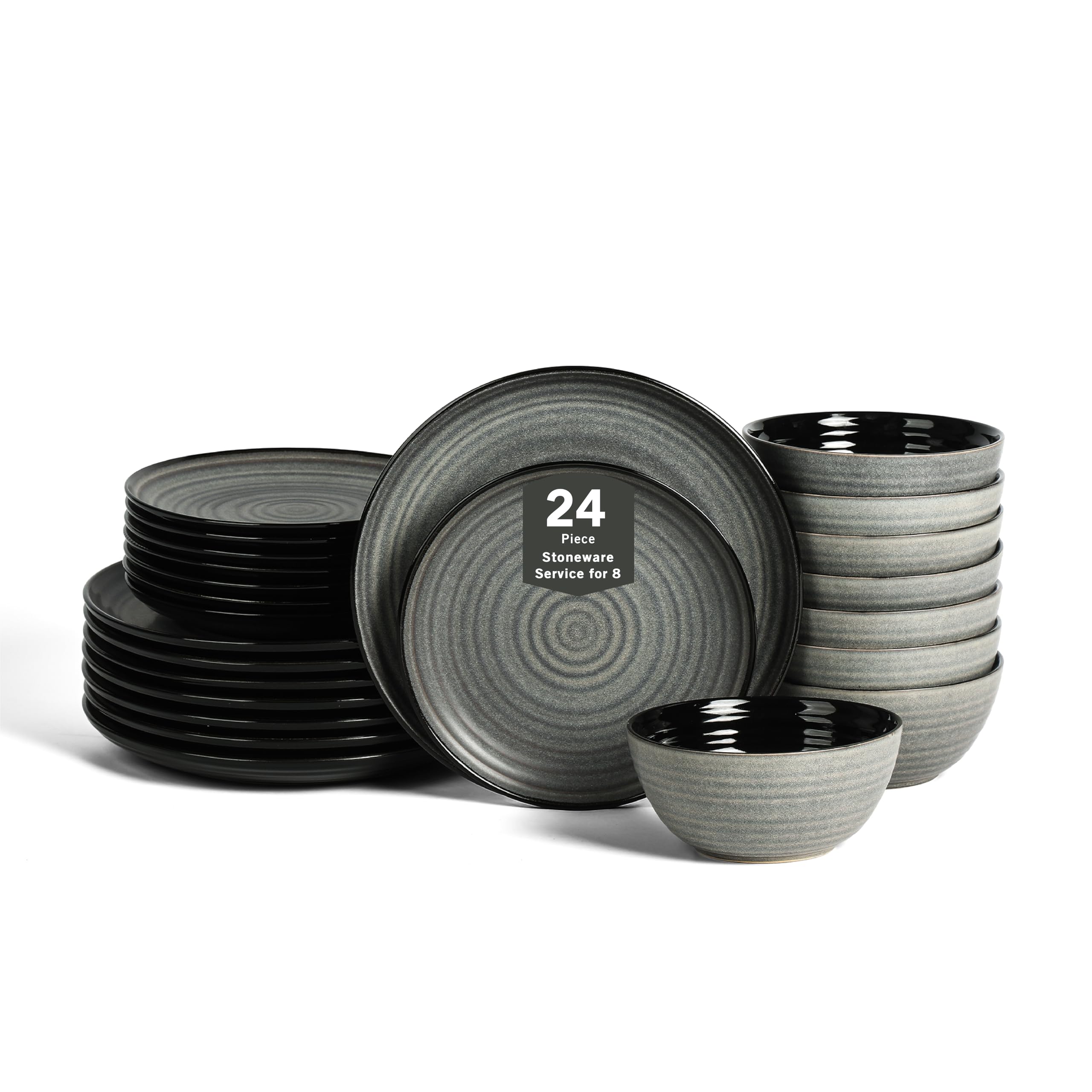 Stone Lain Dua 24-Piece Dinnerware - Stoneware, Plate and Bowls, Dishwasher and Microwave Safe, Dish Set for 8, Black