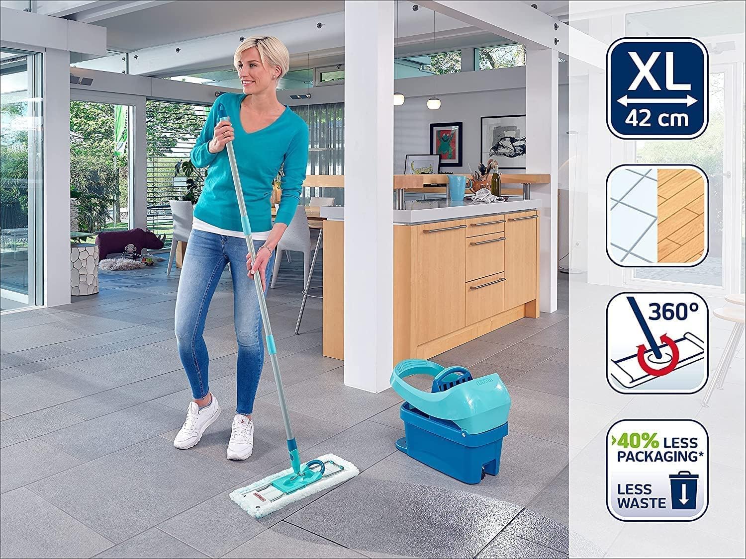 Leifheit Mopa Profi XL micro dúo con palo de acero, mopa flexible con articulación giratoria, mopa fregona para superficies grandes