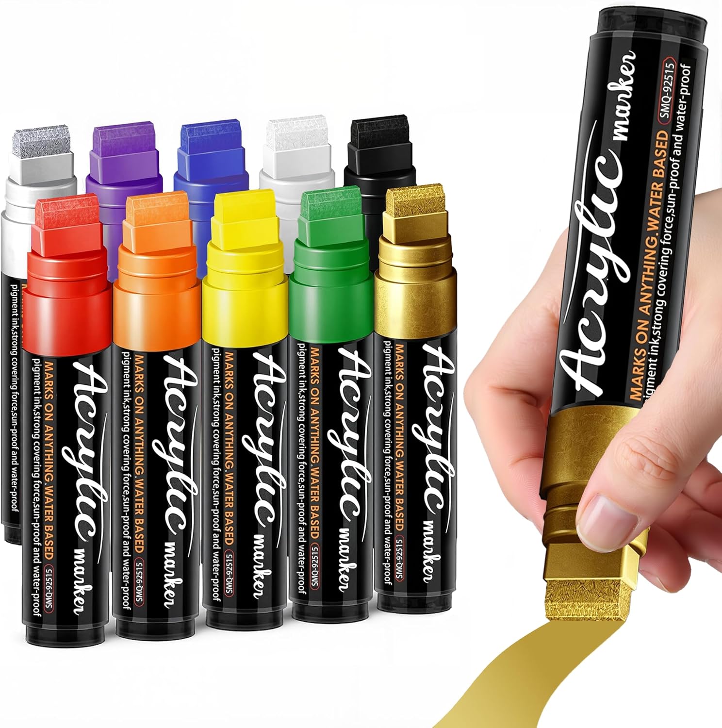 Acrylic Paint Markers, 10 Colors Poster Markers Jumbo 15mm Wide Tip Permanent Ink 30g, Thick Acrylic paint pens for Poster, Glass, Rock Painting, Stone, Wood, Car, Ceramic, Fabric