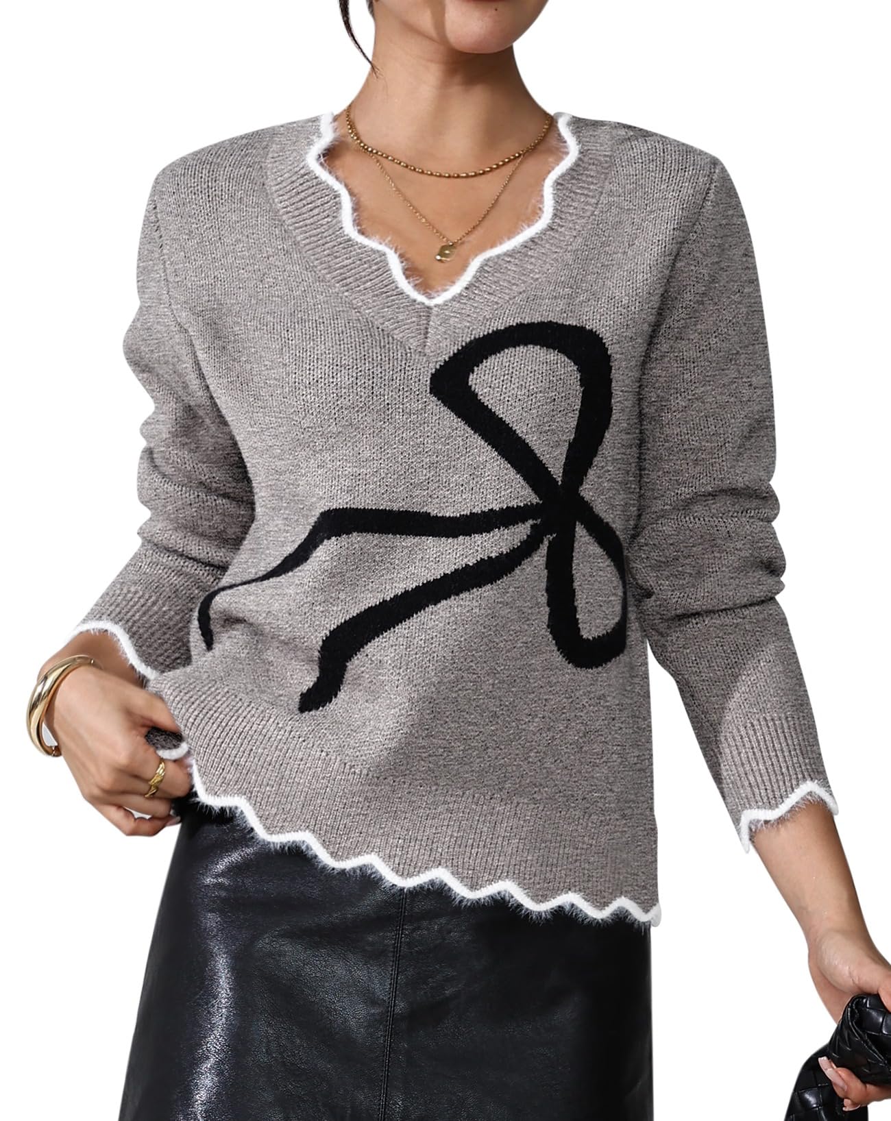 Pink Queen Women 2025 Chic Bow Sweater V Neck Long Sleeve Pullover Knitted Casual Jumper Tops