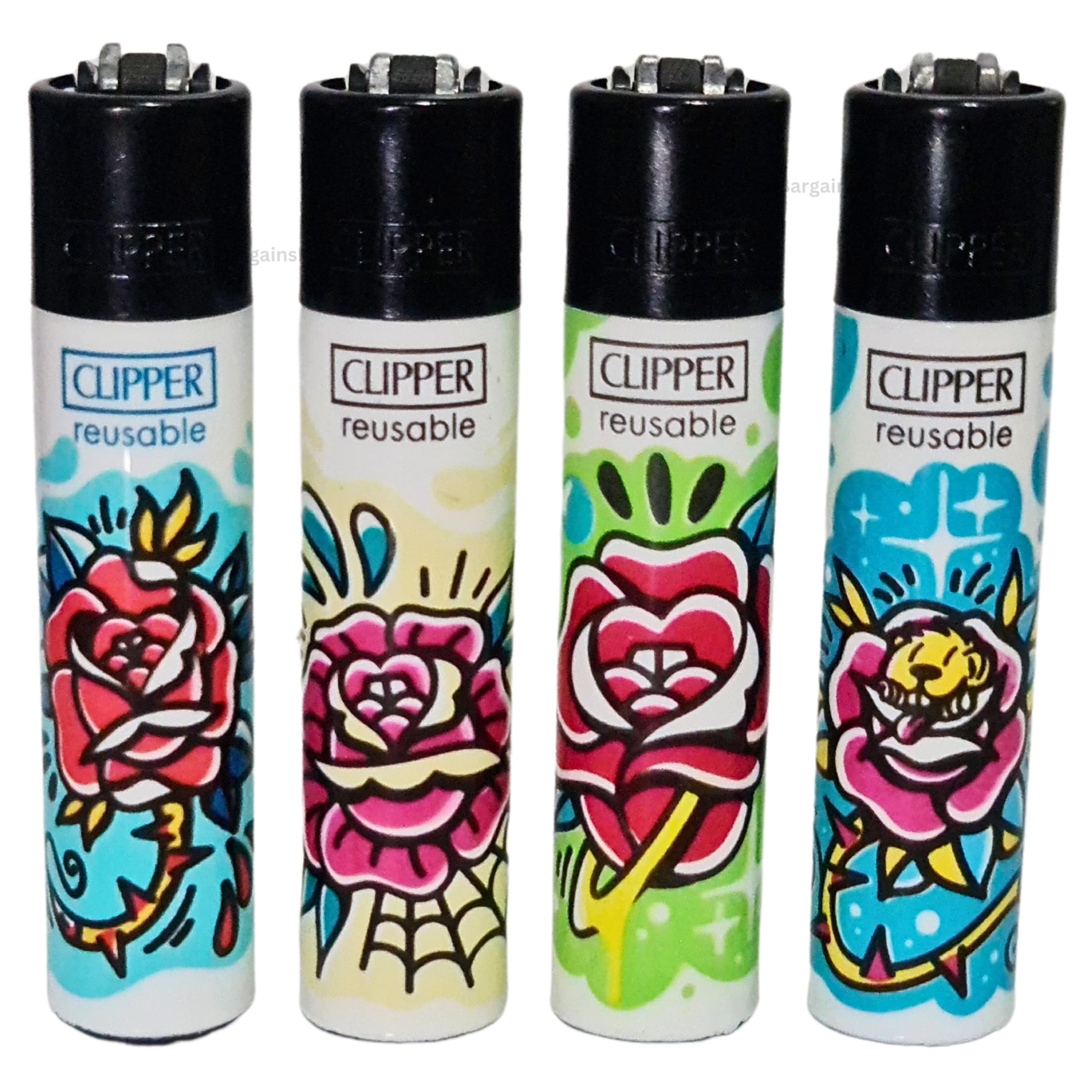 4 x Clipper Lighter Set Gas Refillable Windproof Lighters Standarad Size Replaceable Flint Rare Limited Edition (Planet Flowers 1)