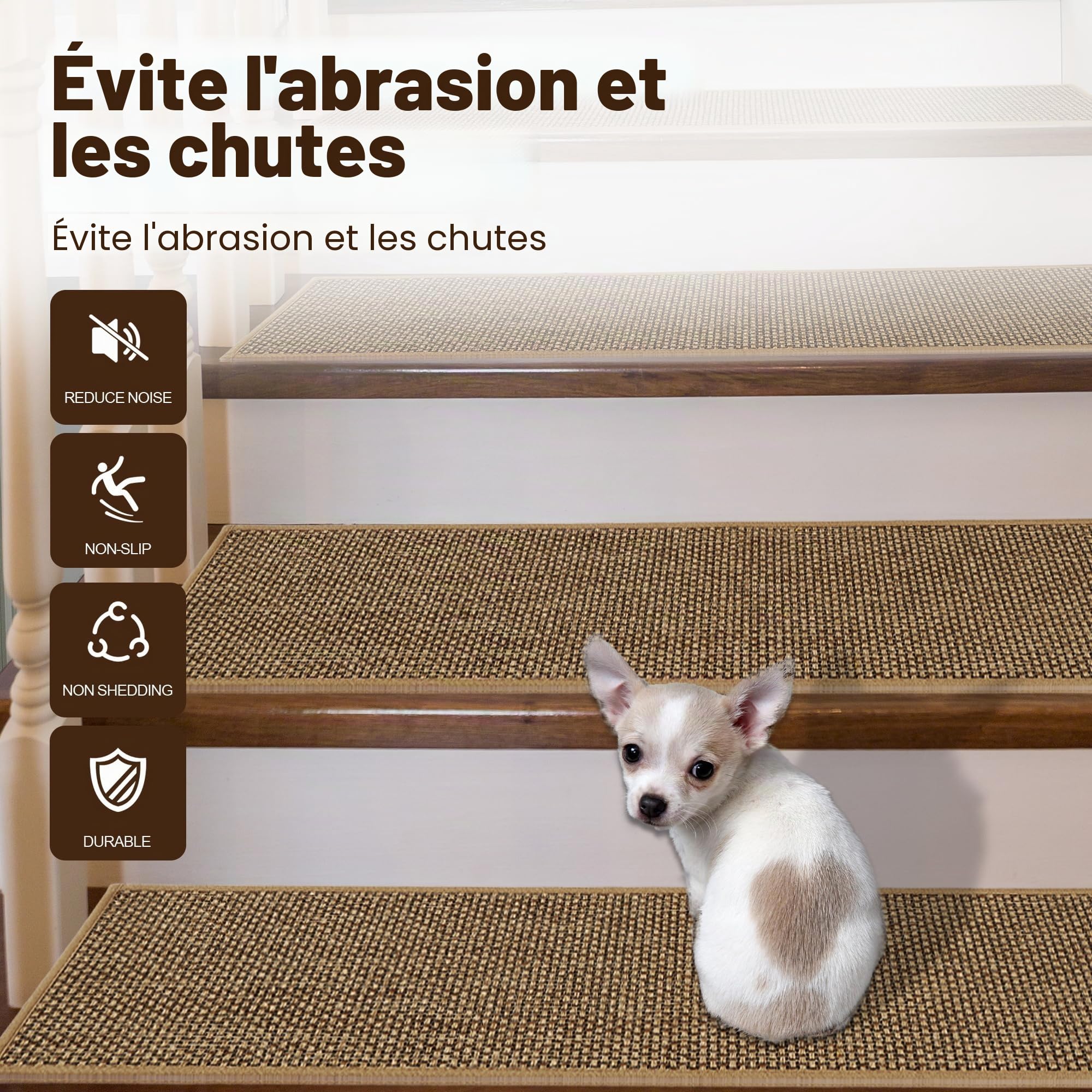 Marchettes d'Escalier, 20cm*76cm 15PCS, Anti Derapant Tapis, Moquette Escalier, Moquette Autocollante, Tapis d'Intérieur Antidérapant, avec Adhésif Réutilisable, Beige