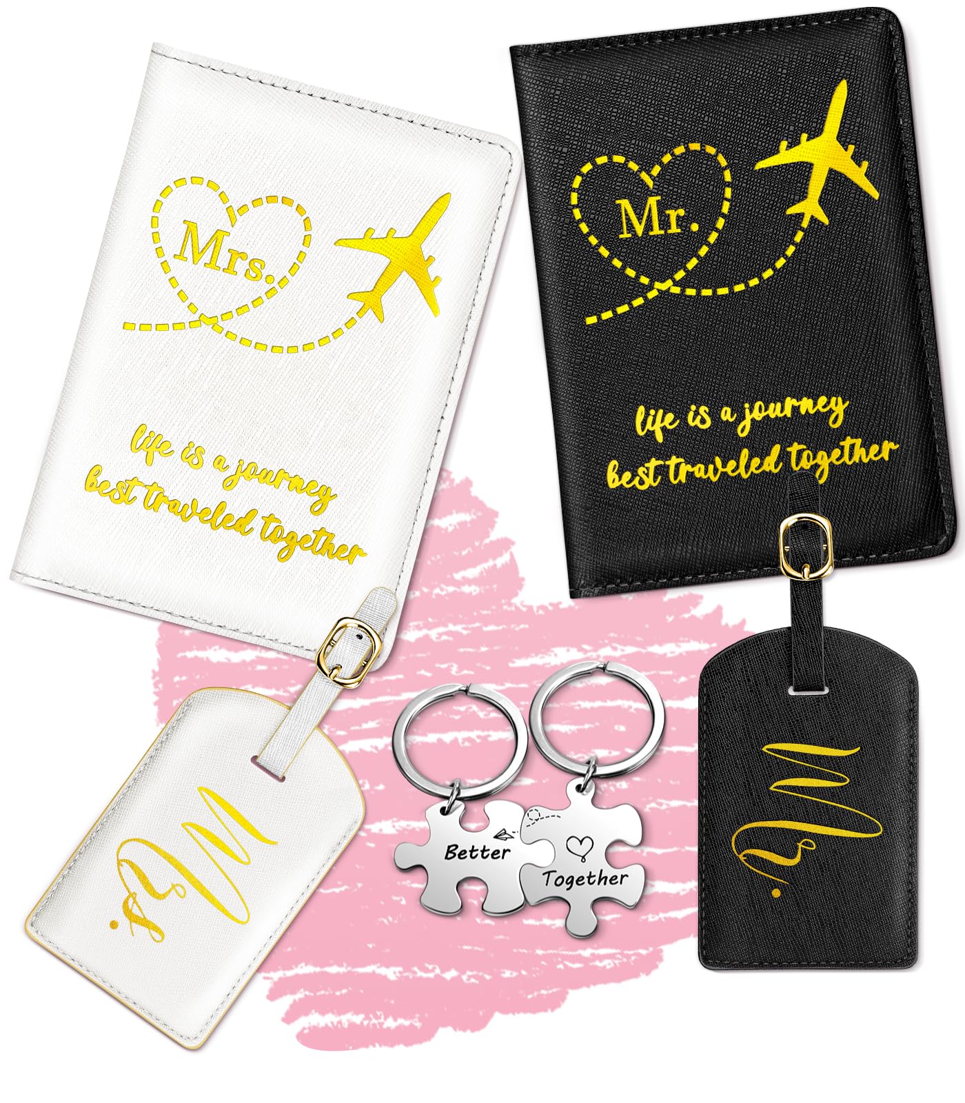 Slohif Mr. and Mrs. Passport Holder Lugguage Tag Set for Travel - Leather Passport Book Personalized Organizer Card Protector Sleeve Suitcase Cover