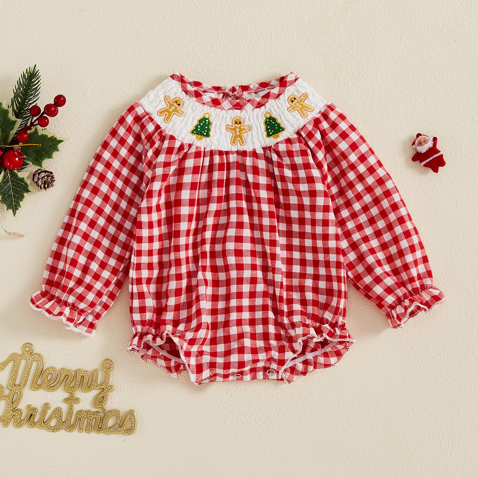 Toddler Baby Girl Christmas Romper Plaid Santa&Gingerbread Print Long Puff Sleeve Smocked Romper Cotton Linen Tops (Red, 12-18 Months)