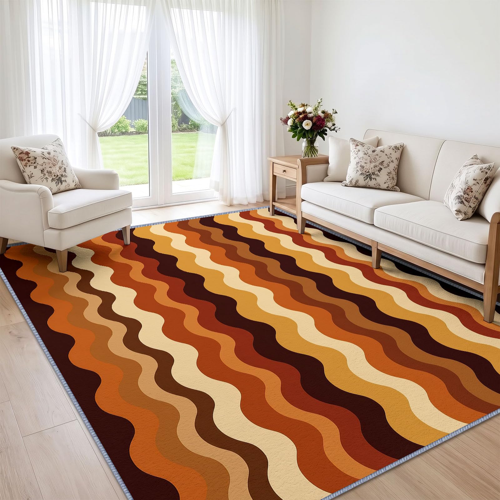 Tappeto in stile retrò chic anni '70 per soggiorno, 120 x 170 cm, a righe ondulate tono terroso, per camera da letto, morbido, a pelo corto, antiscivolo, tappeto classico per sala da pranzo, ufficio