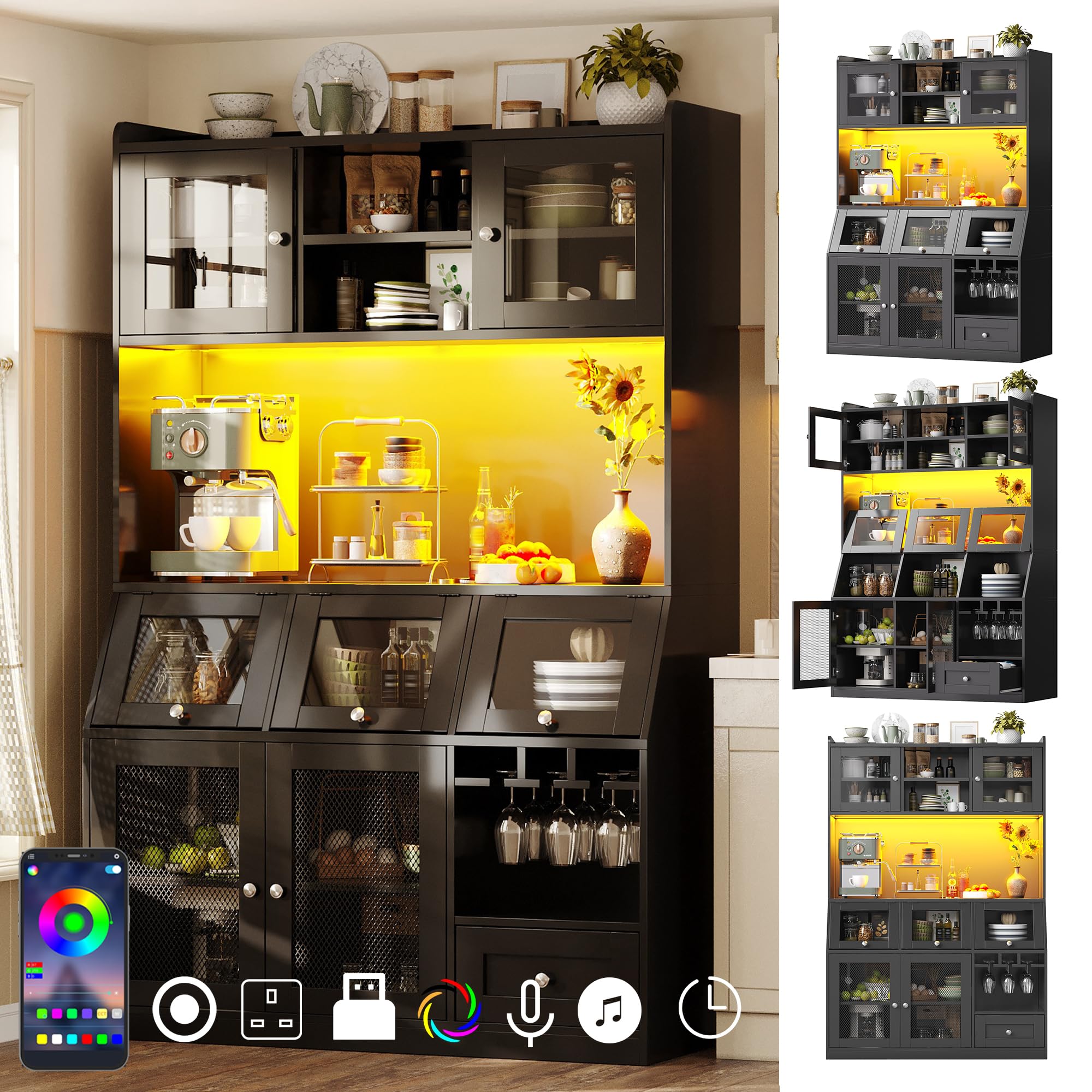 Armario de cocina con amplia encimera, armario buffet con iluminación LED, puerto USB, armario alto de cocina con puertas de cristal, espacio de almacenamiento, armario alto para comedor, sala