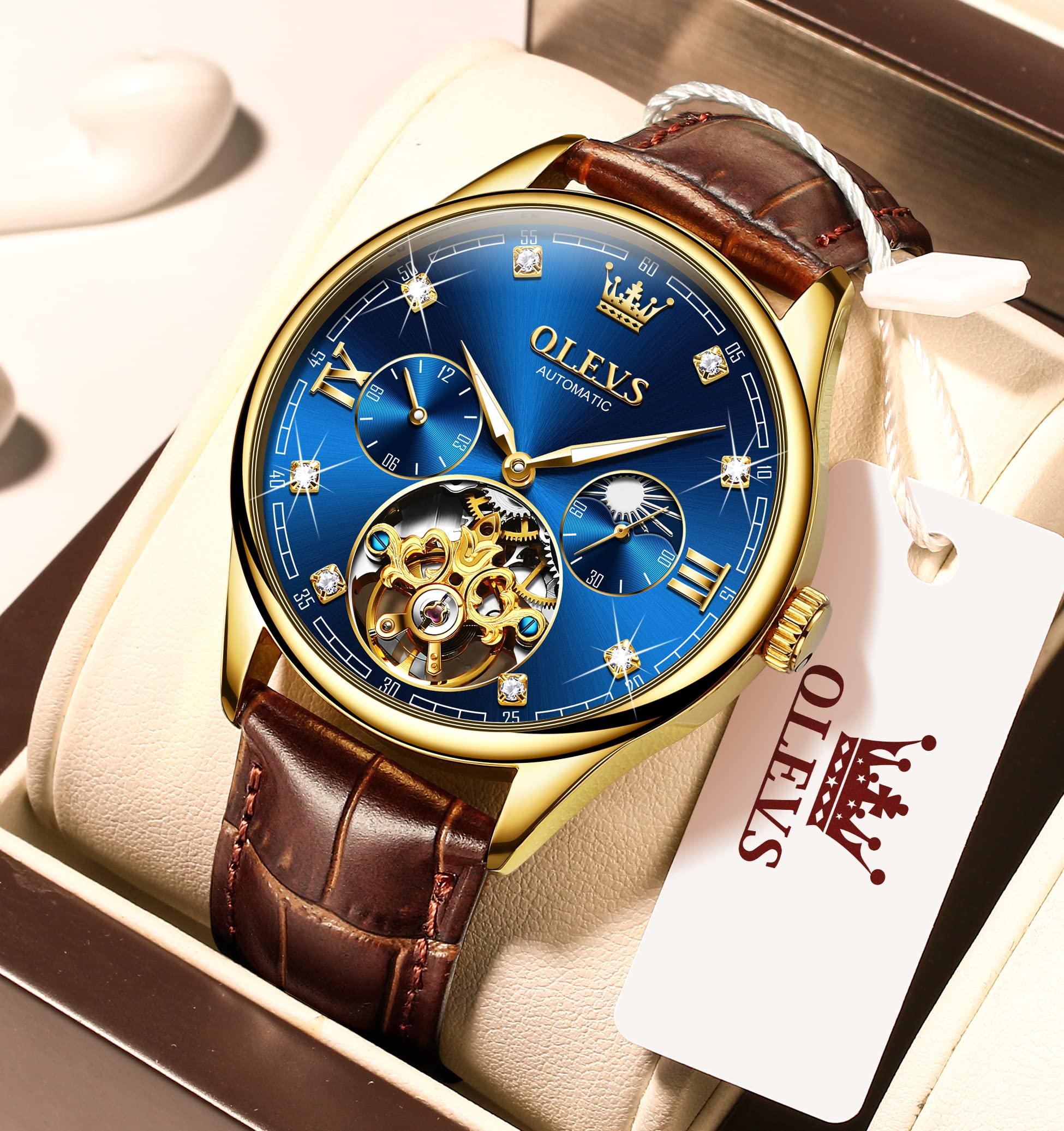 OLEVS Mens Leather Watches Automatic Mechanical Skeleton Tourbillon Diamond Blue Luxury Self Winding Dress Wrist Watches Moon Phase Waterproof Luminous