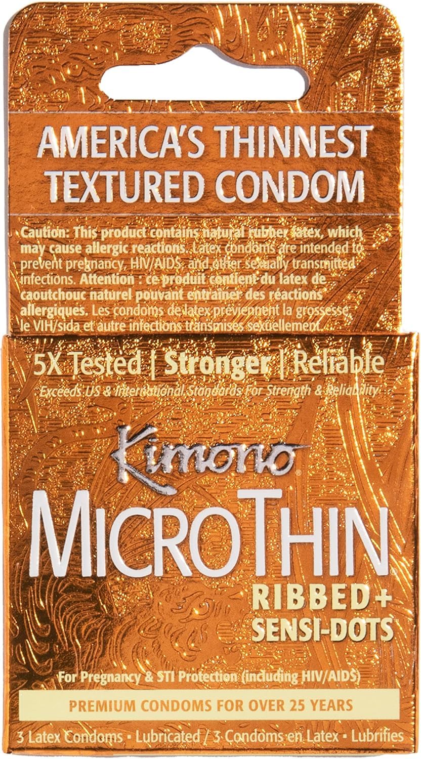 Kimono MicroThin Ribbed with Sensi-Dots Pack of 3 - Textured Lubricated Condoms, Snug Form-Fit, Natural Latex Condoms, Vegan-Friendly, No Latex Odor - Enhanced Sensitivity