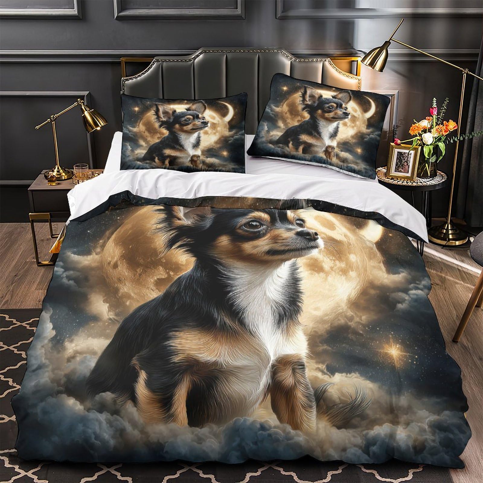 MMDASBVPE Chihuahua Dog Quilt Cover 3D Print Easy Care 3 Pieces Bed Set Hidden Zipper fantasy Moon Scene Duvet Cover Extra Soft Durable for Adults Kids Teens Women Youth King（220x240cm）