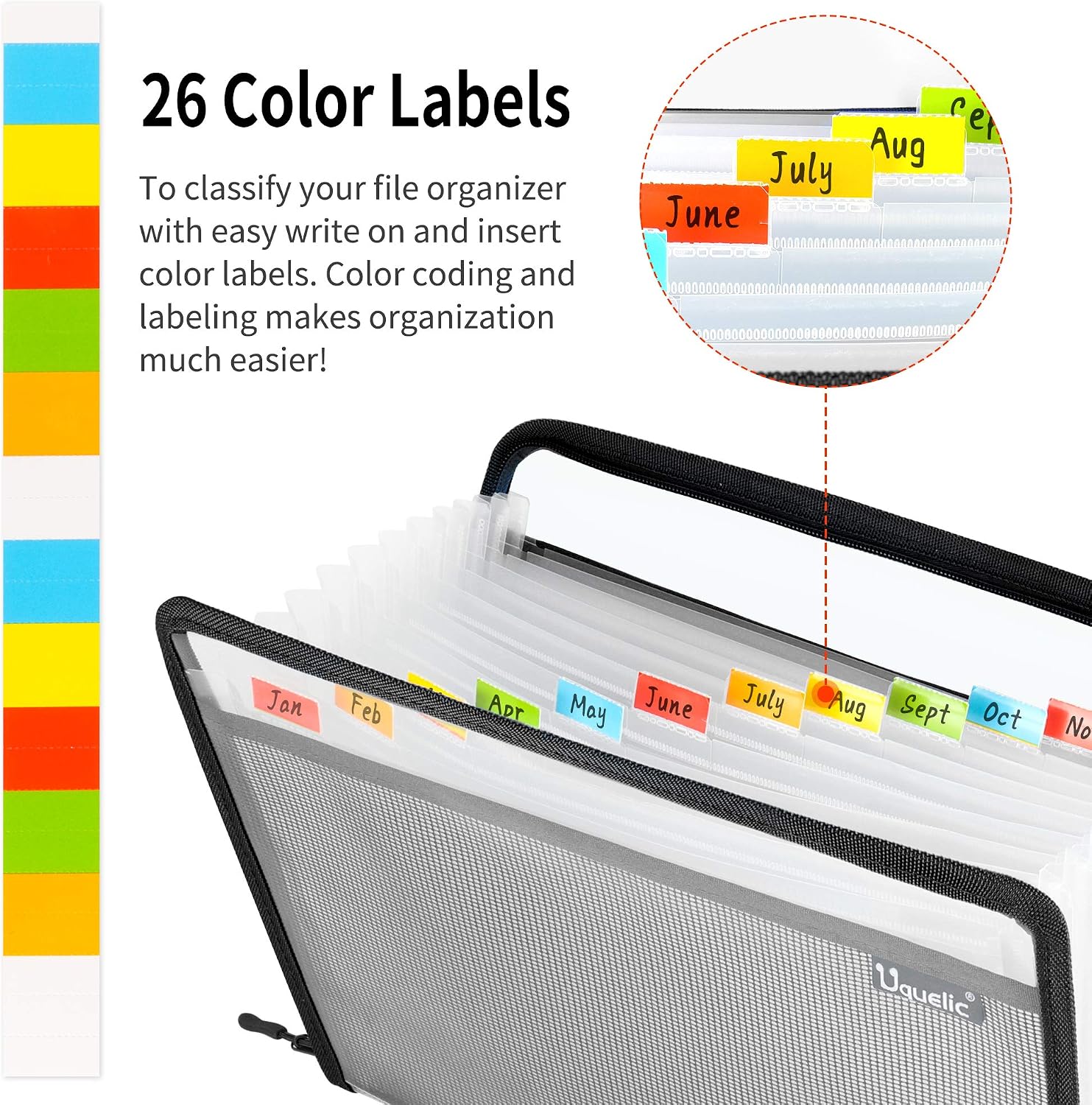 Uquelic 13 Pocket Zip Expanding File Folder, A4 Waterproof Vinyl Document Mesh Organizer Bag Letter Size Zipper Envelope Pouch Plastic Accordion Paper Filling Storage Folders with Label,1 PACK (Black)