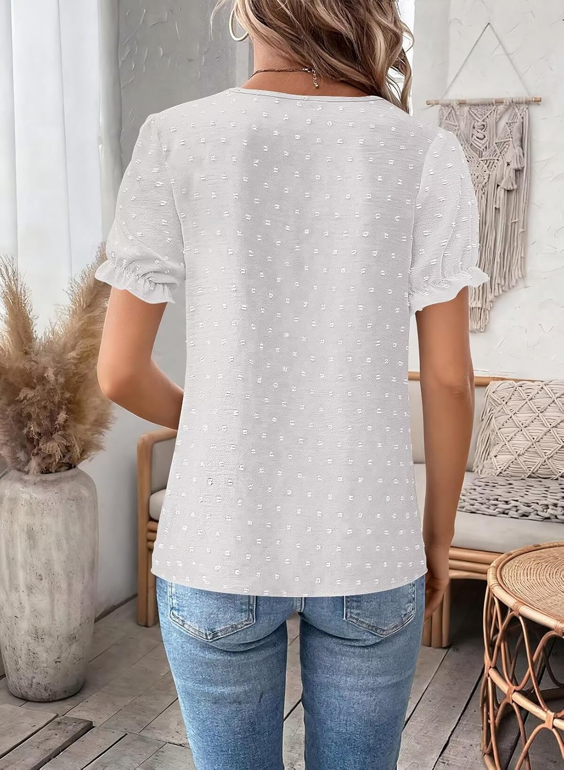 Falechay Womens Summer Tops Boho Short Sleeve Shirts V Neck Casual Chiffon Blouses Flowy Lace Hem Spring Clothing Trendy 2025