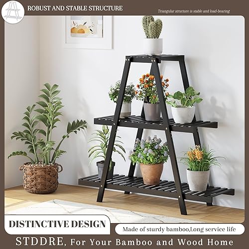 Miniatura 6 de Soporte para plantas de interior y exterior, estante escalonado de 3 niveles y 8 macetas de bambú para flores, estante de escalera para mesa