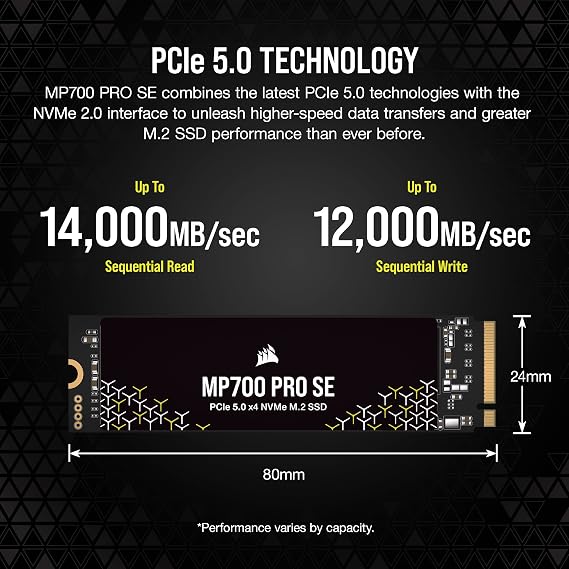 Corsair MP700 PRO SE 4TB M.2 PCIe Gen5 x4 NVMe 2.0 SSD M.2 2280 Up to 14,000MB/sec Sequential Read High-Density TLC NAND Black