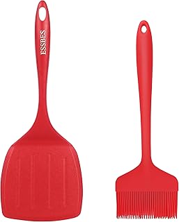 ESSBES 2 PCS Silicone Brush & Spatula Set - Heat-Resistant Non Stick Wide Spatula and Large Basting Brush, One-Piece Seamless Kitchen Spatula Set for Cooking, Baking and Mixing, Dishwasher Safe (Red)